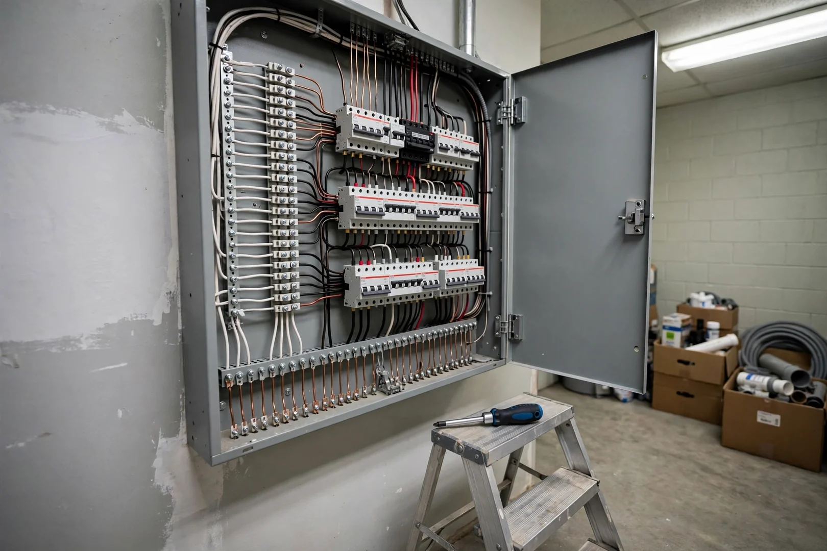 Commercial panelboard with corrected branch circuit terminations inside a small retail suite
