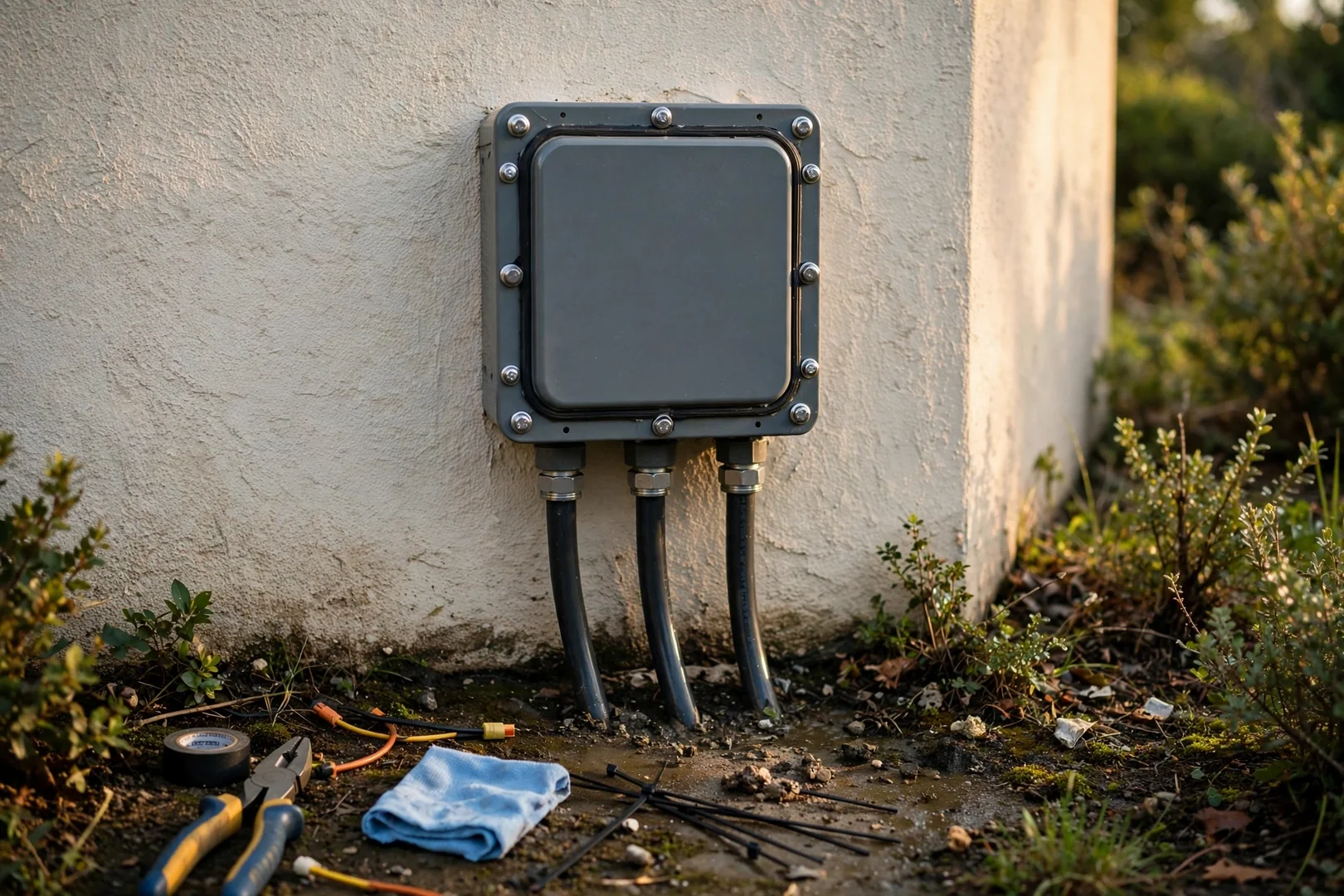 Weatherproof outdoor junction box rebuilt with sealed conduit fittings along a home exterior