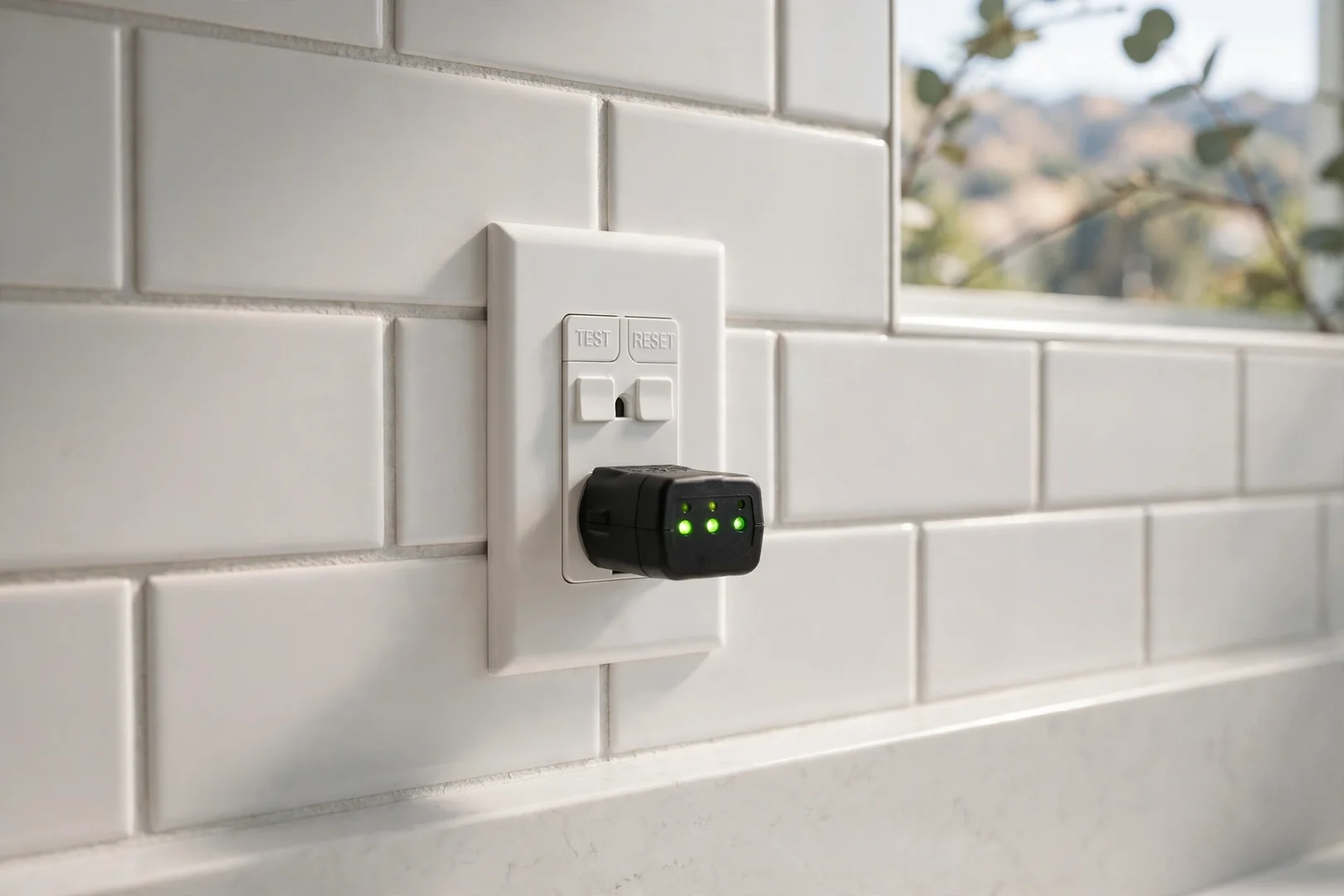 Newly installed GFCI receptacle tested on a restored kitchen countertop circuit