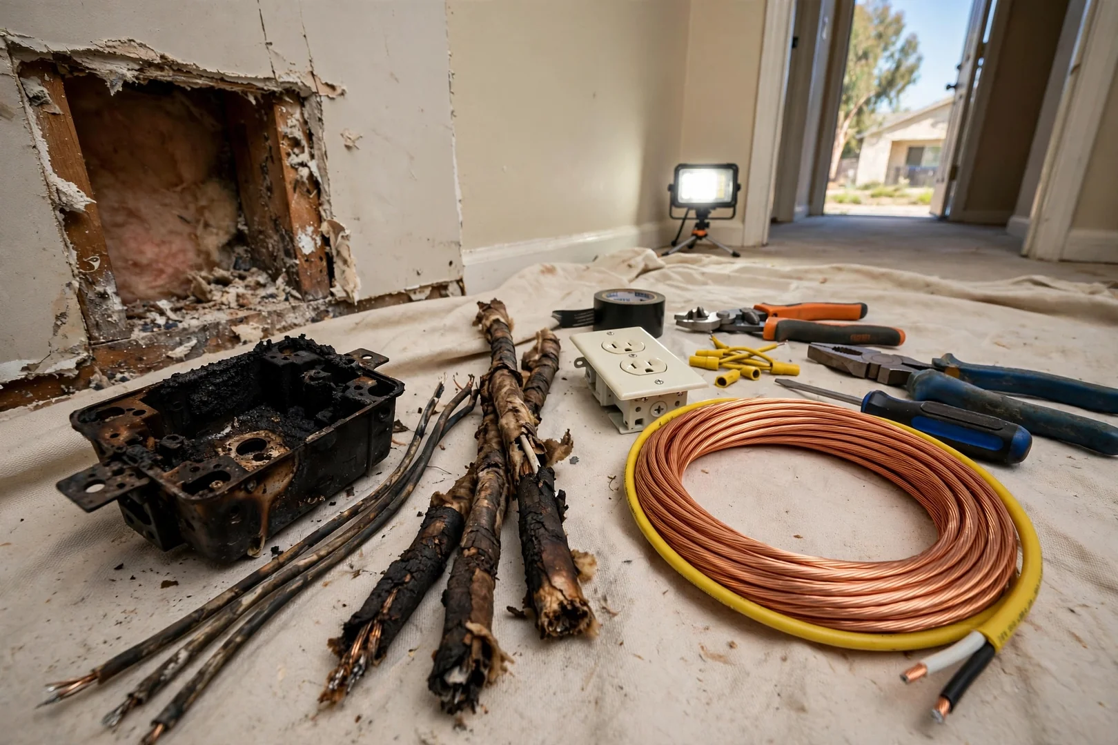 Removed heat-damaged receptacle beside replacement wiring during an emergency repair visit