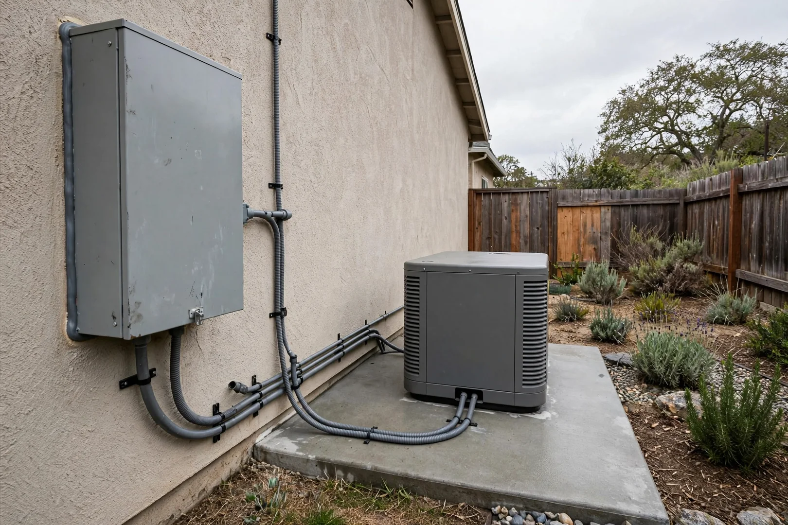 Repaired automatic transfer switch enclosure wired back to a standby generator outside a home