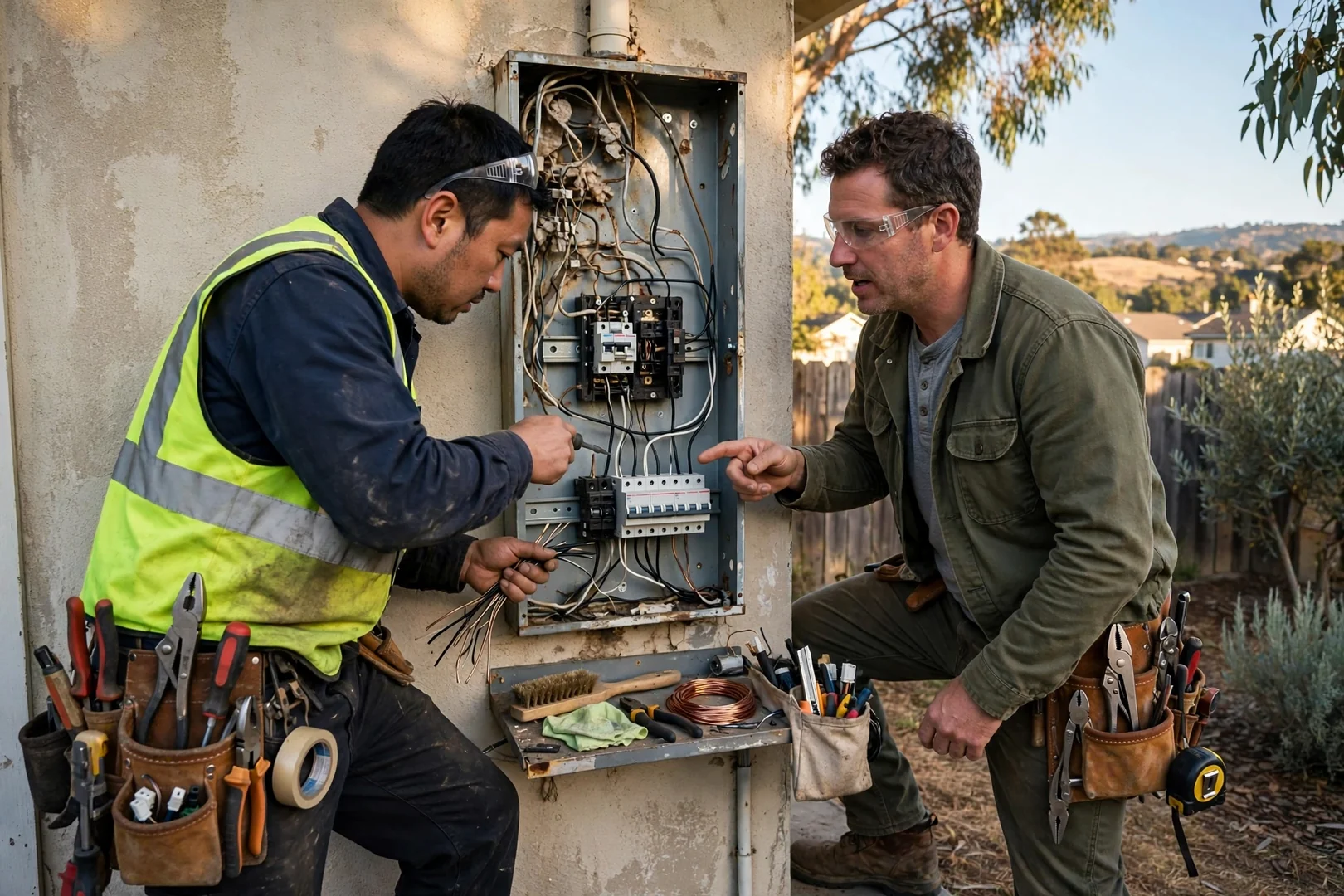 Technician reviewing restored circuit findings with a homeowner after emergency electrical repair