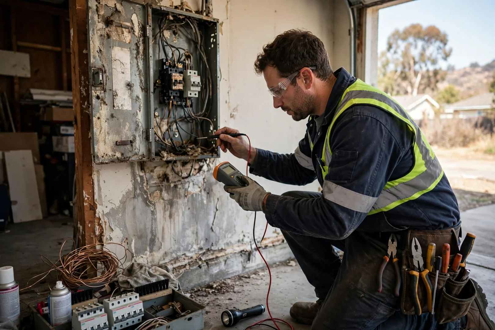 Overloaded residential electrical panel evaluated before EV charger wiring