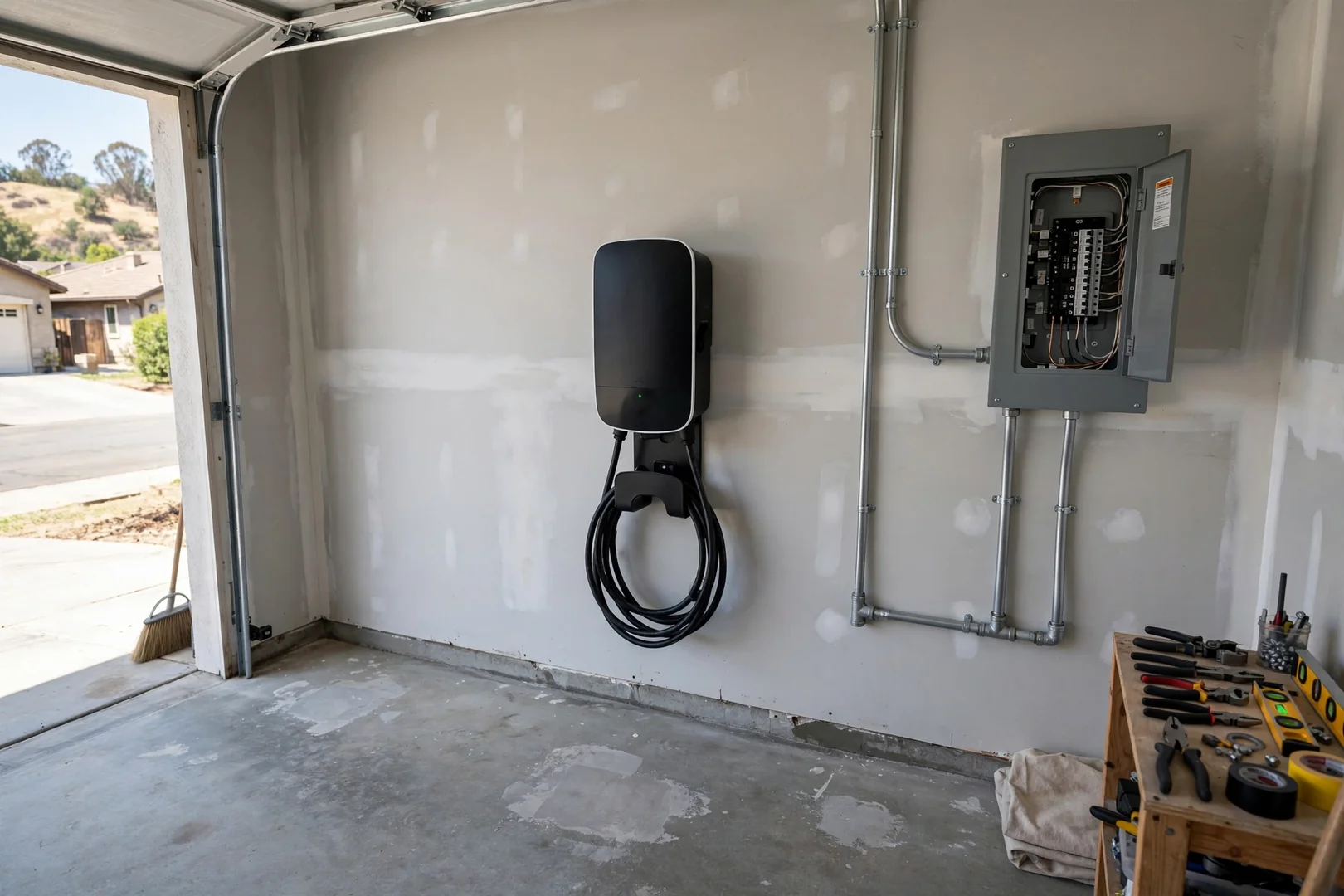 Wall-mounted Level 2 charger installed on clean garage wall beside labeled conduit run