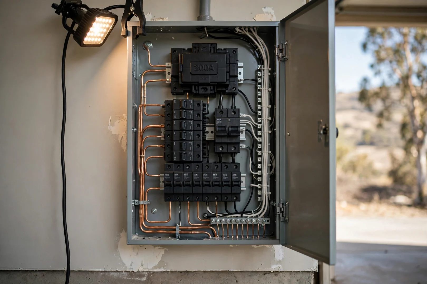 Newly upgraded 200-amp electrical panel with labeled breaker dedicated to charger circuit