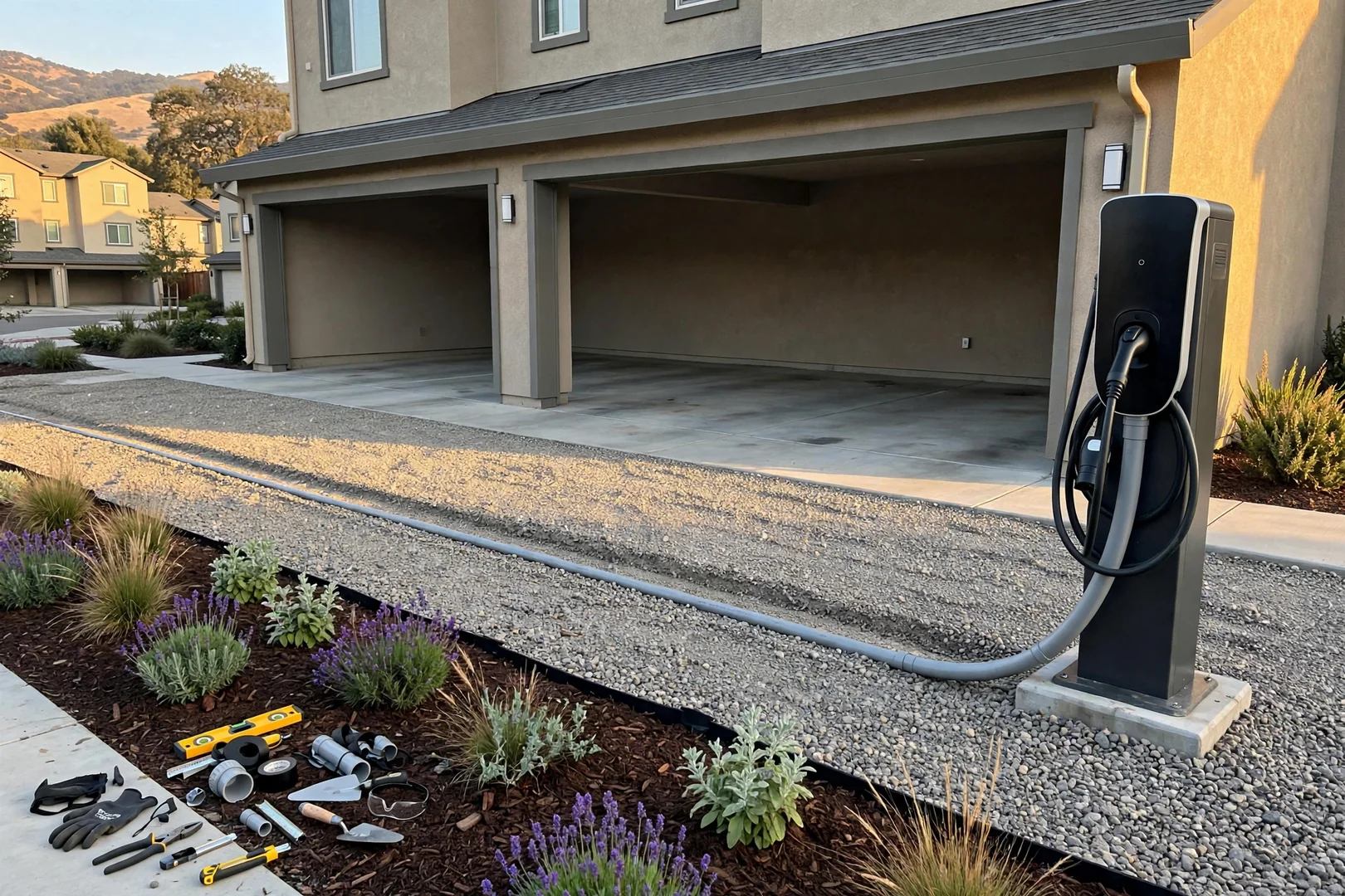 Trenched underground conduit route restored and backfilled toward carport charger pedestal