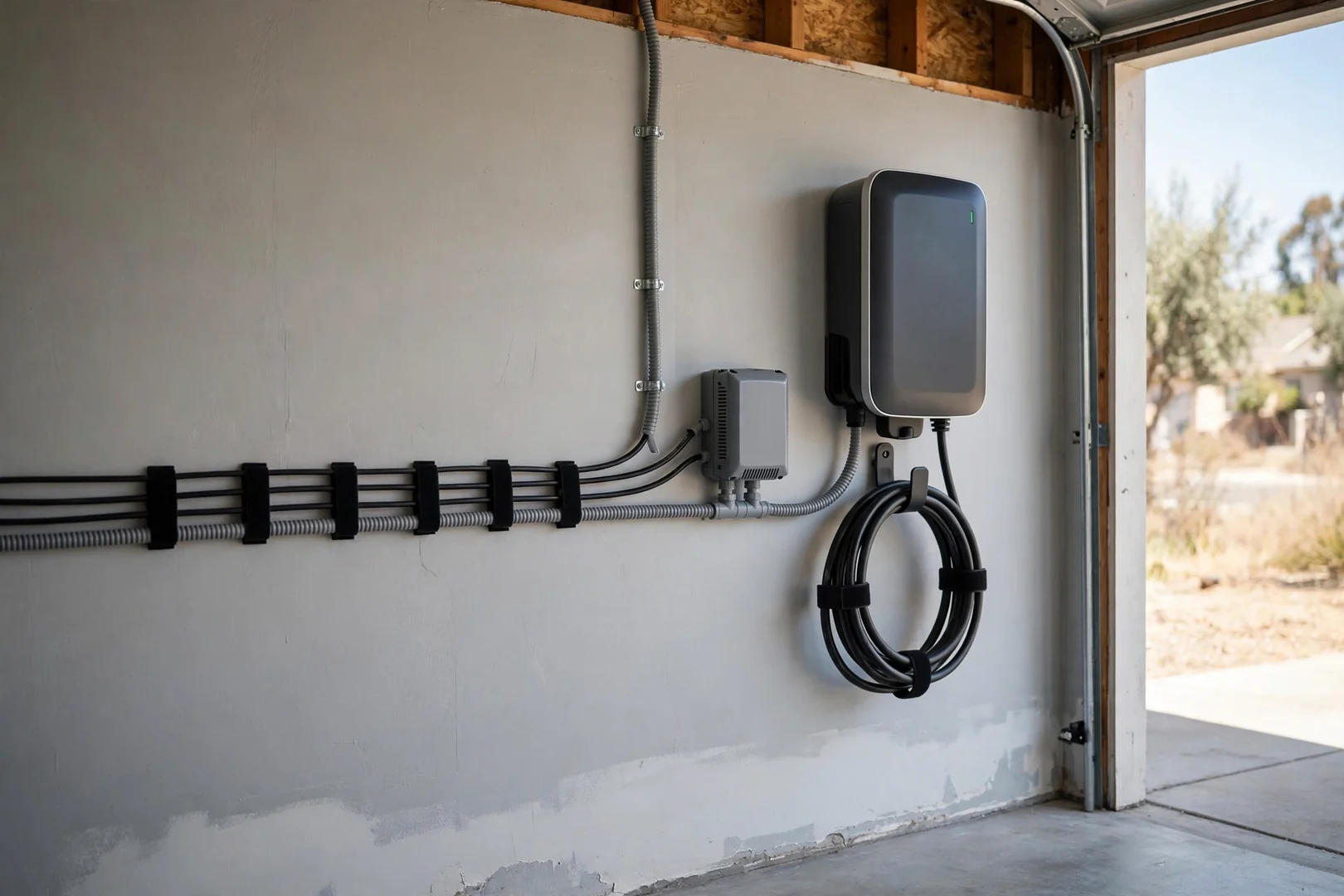 Hardwired charger and load management module mounted neatly on interior garage wall