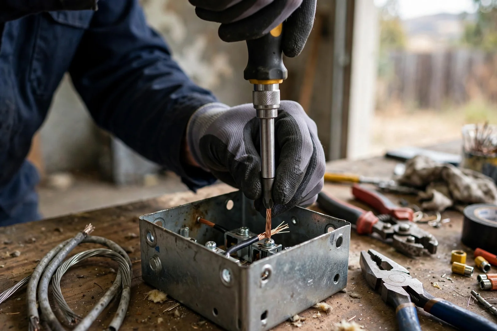 Technician gloved hands terminating new copper conductors inside restored junction enclosure