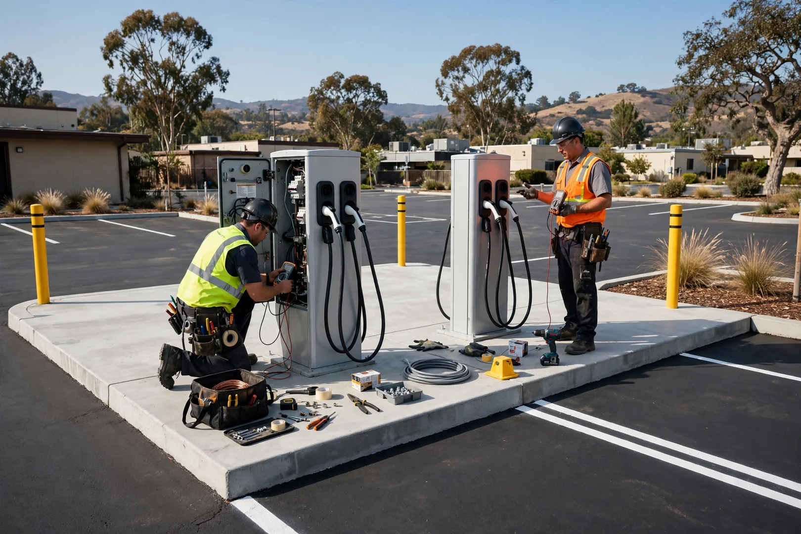 Two unbranded dual-port charging stations installed on restored parking lot island in Dublin