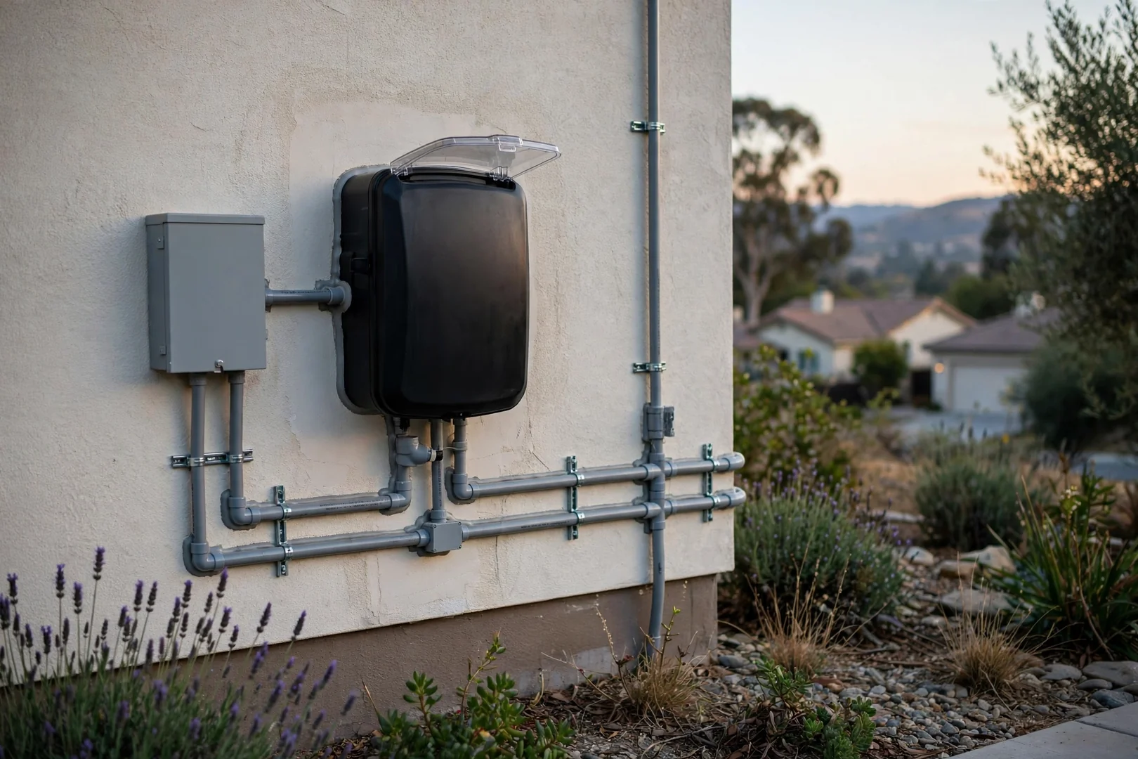 Completed outdoor charger installation with weather-rated cover and surge protection device nearby