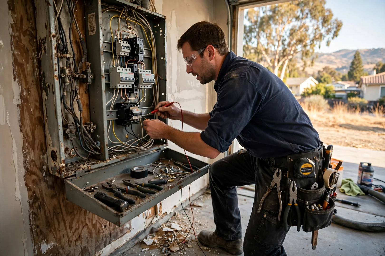 Technician torquing a double-pole breaker during a permitted EV charger circuit installation in Dublin