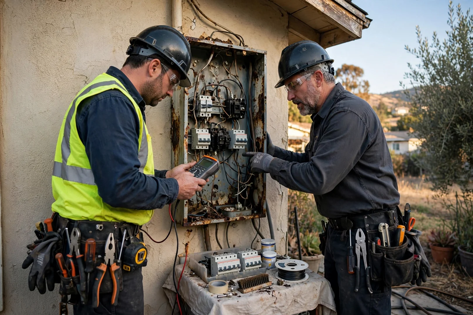 Electrician reviewing standby generator pad and transfer switch layout beside a Dublin home