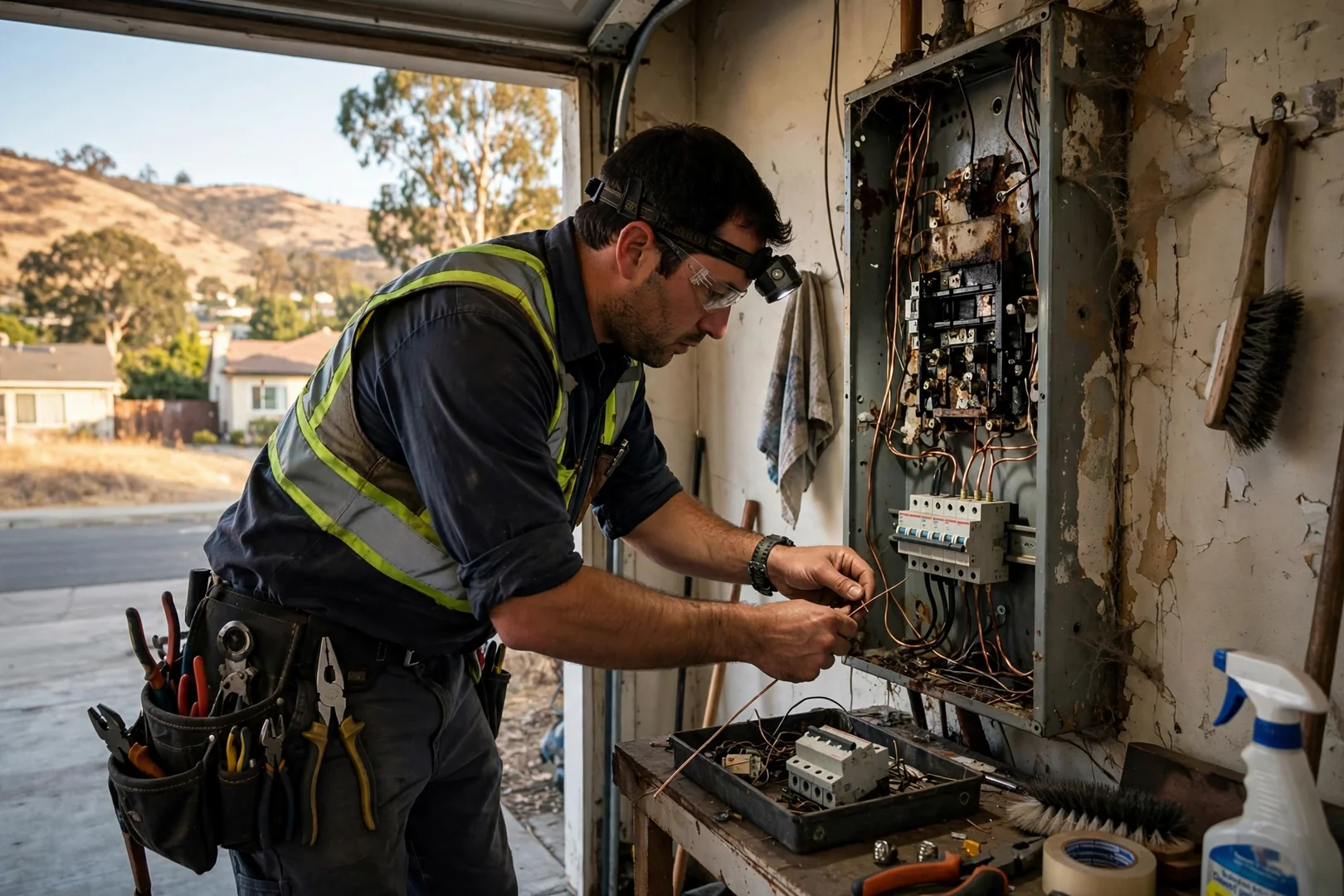 Electrician connecting a standby generator transfer switch at a Dublin home exterior wall