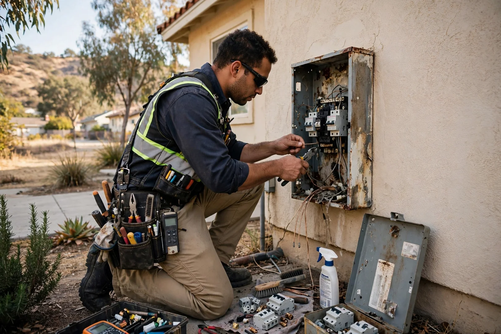 Technician wiring a standby generator transfer switch at a Dublin home