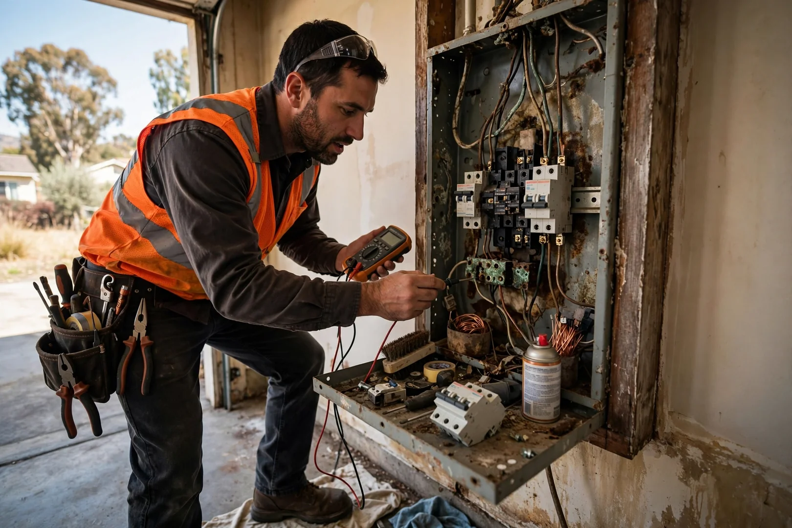 Corroded main panel lugs inspected before a Dublin generator installation