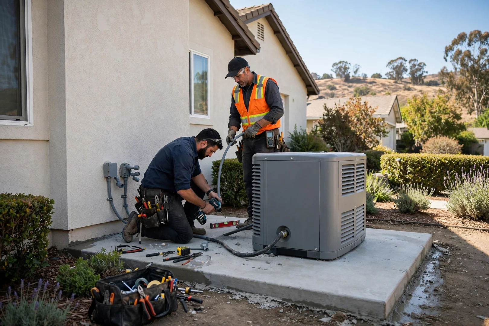 Standby generator on a level concrete pad beside a Dublin home exterior wall