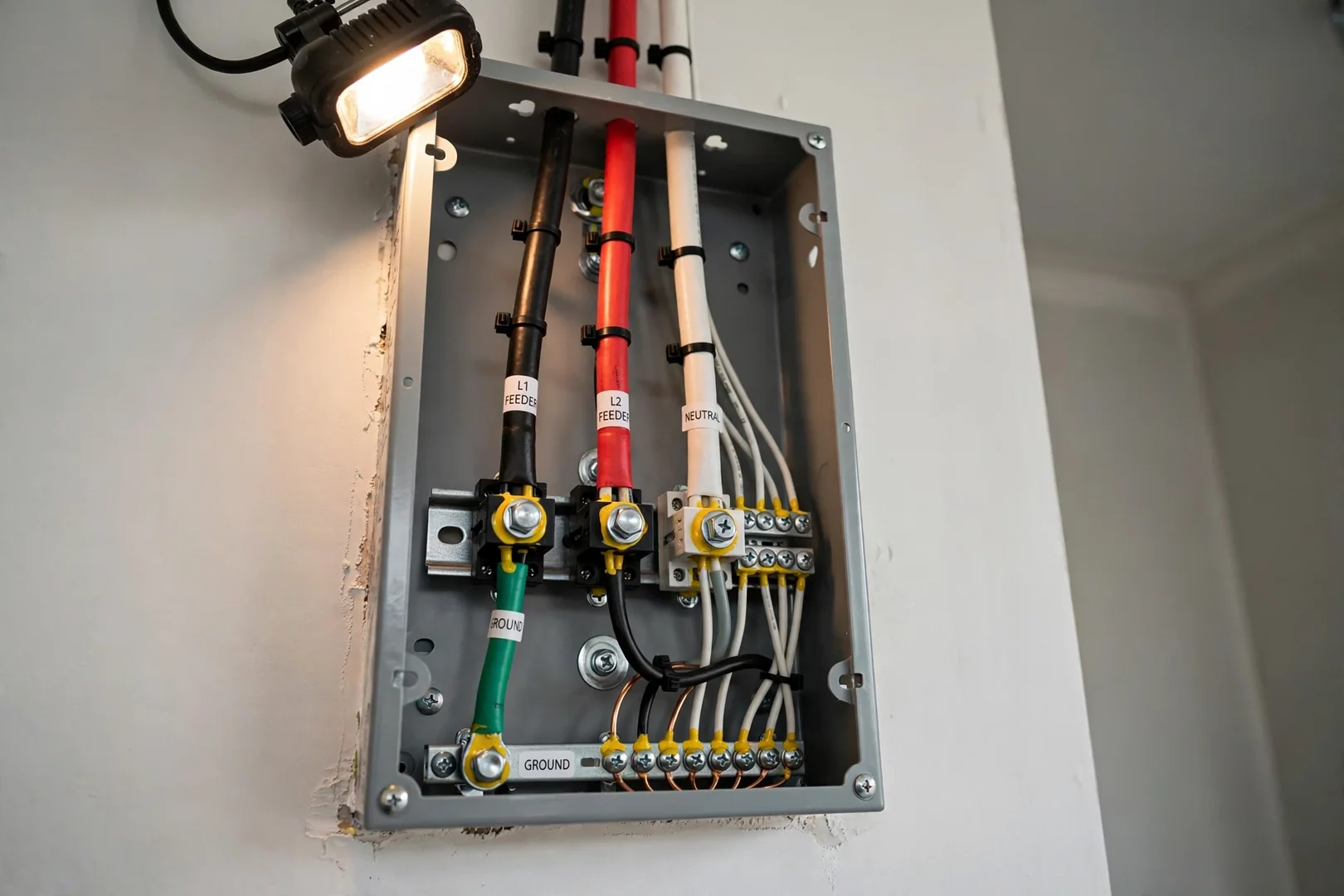 Newly installed automatic transfer switch with labeled feeder conductors inside a garage wall