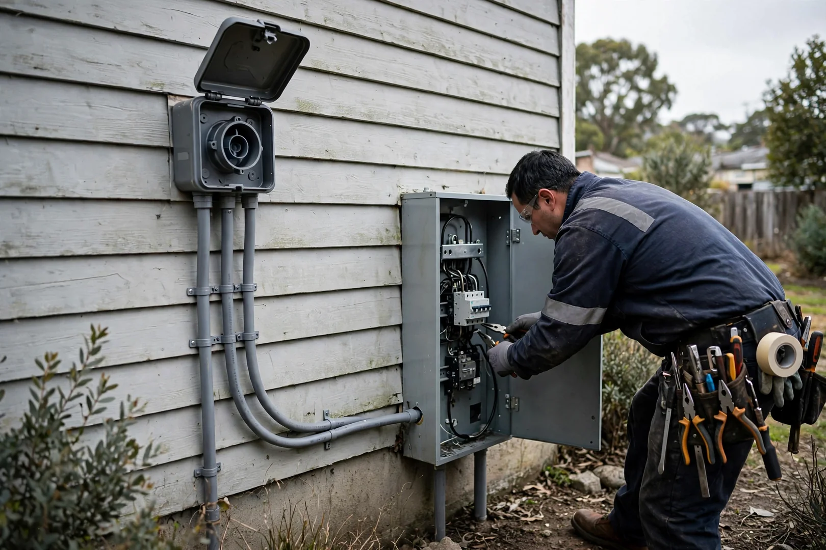 Exterior generator power inlet box wired to a residential panel with interlock hardware