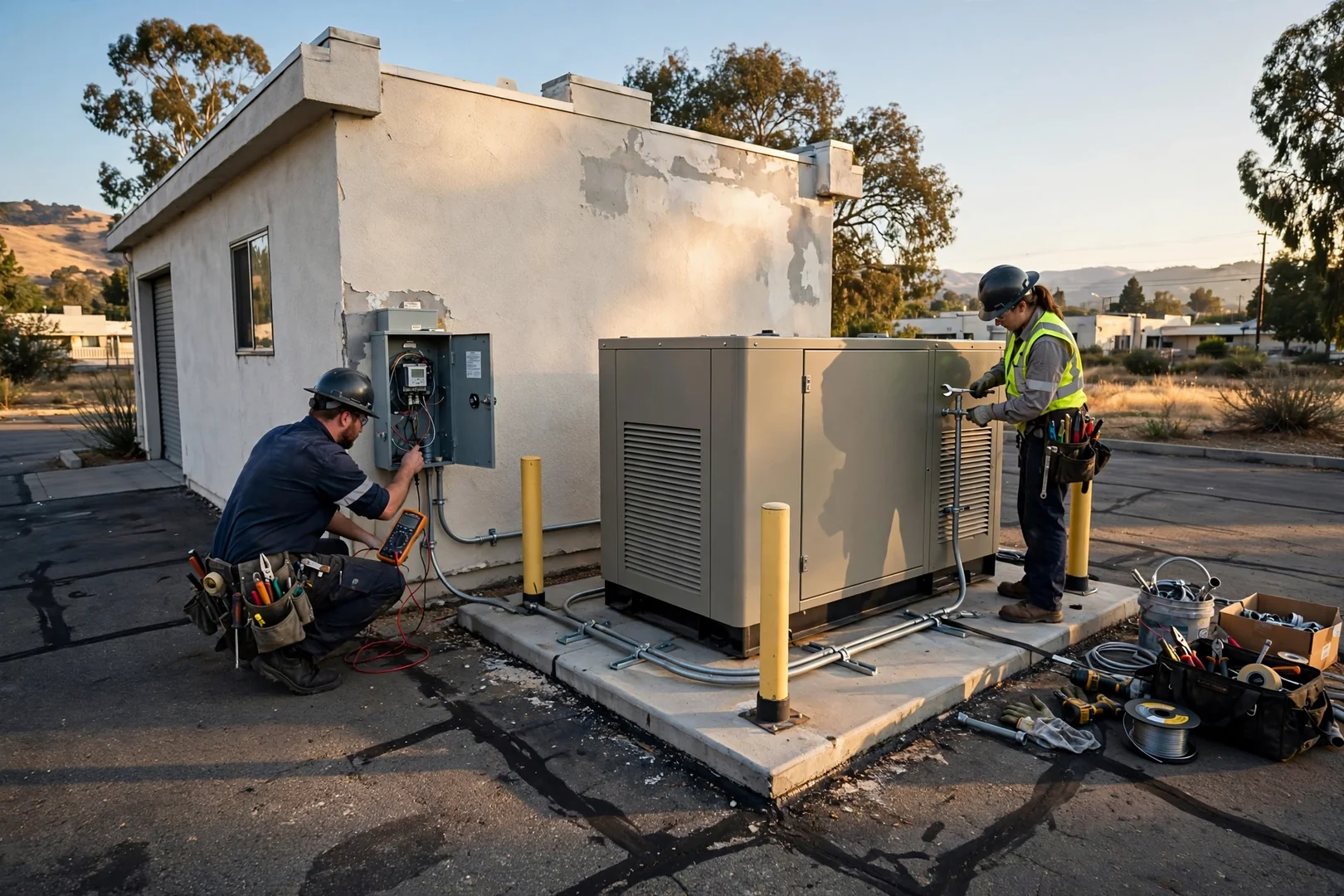 Commercial standby generator behind a small business building serving refrigeration circuits