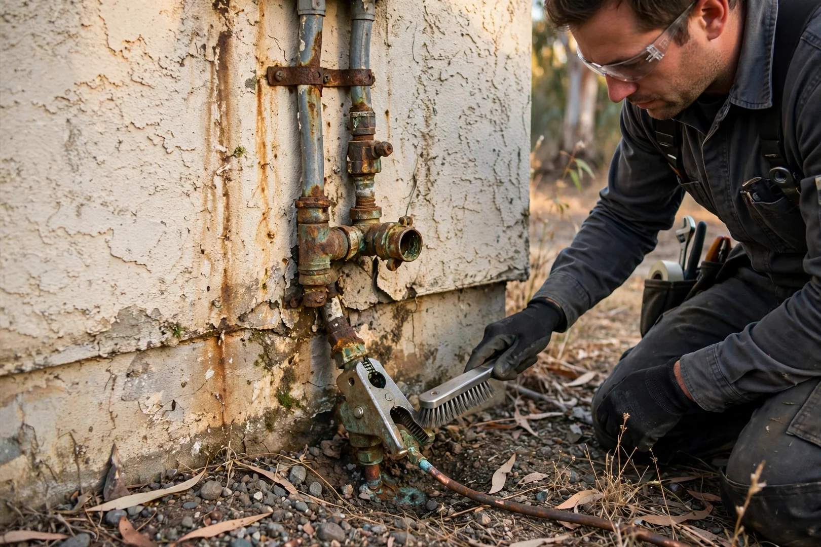 Corrosion damaged feeder conduit and grounding electrode conductor before replacement work