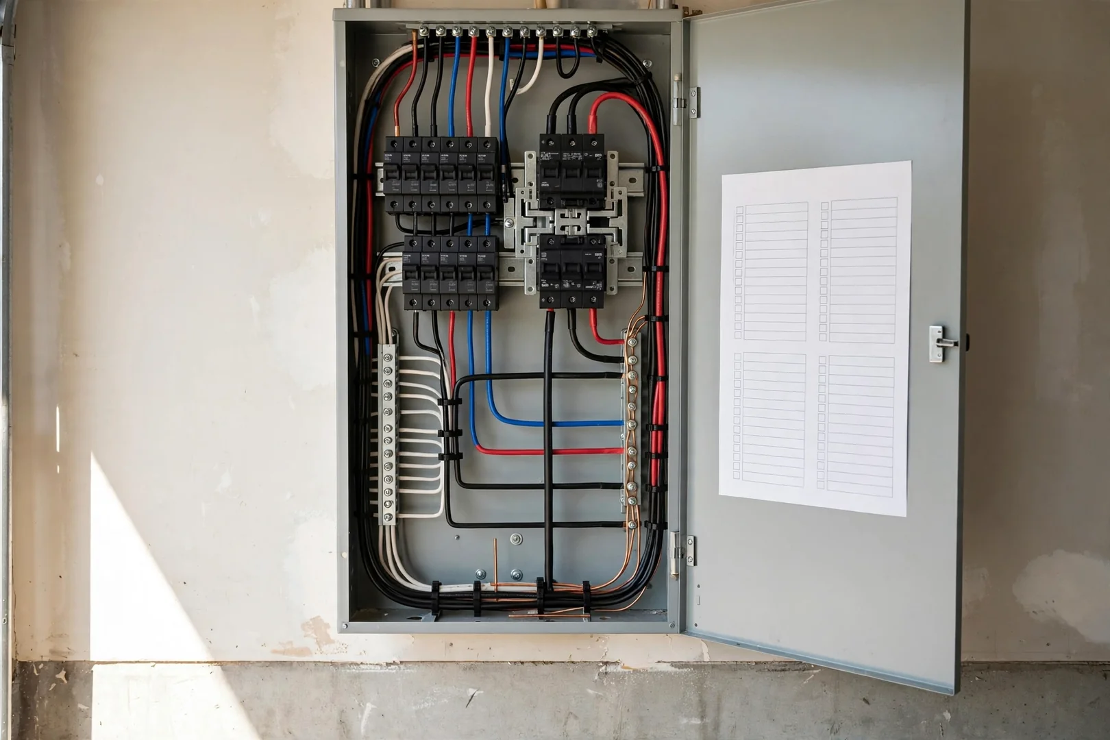 Upgraded electrical panel with generator interconnection breakers and clear circuit directory