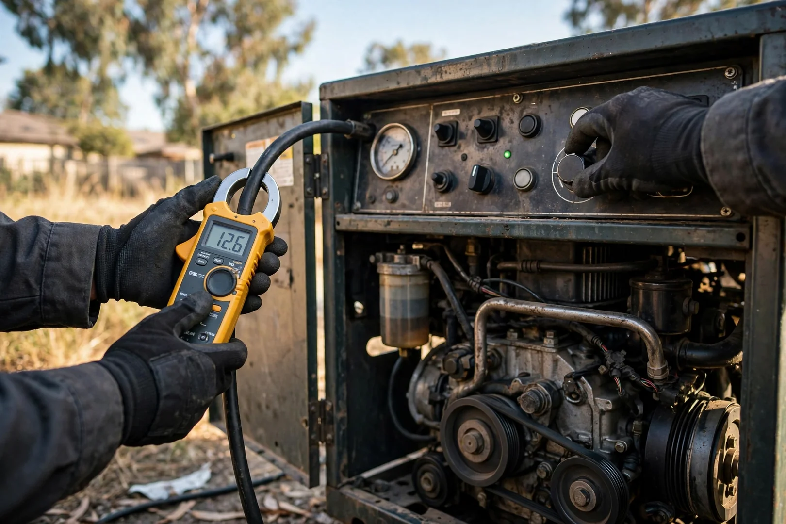 Technician gloves adjusting generator controls during commissioning and transfer timing checks