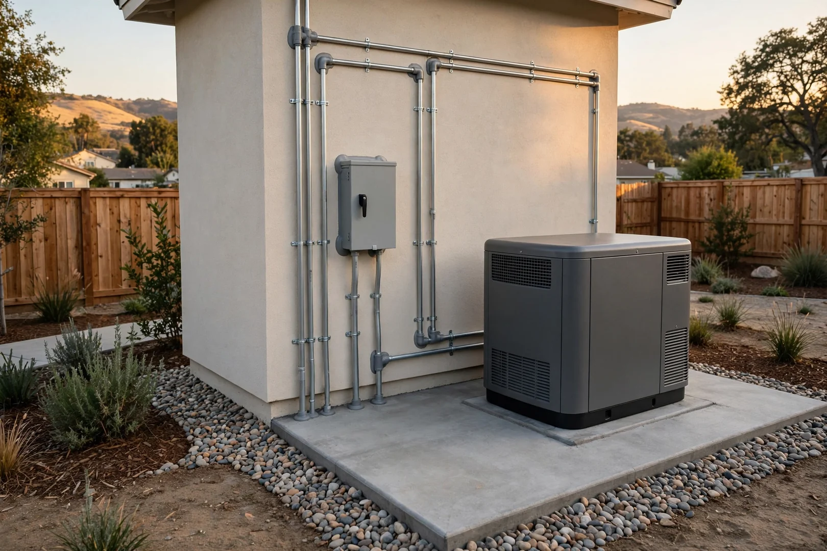 Finished generator installation with sealed weatherproof conduit runs and labeled exterior disconnect