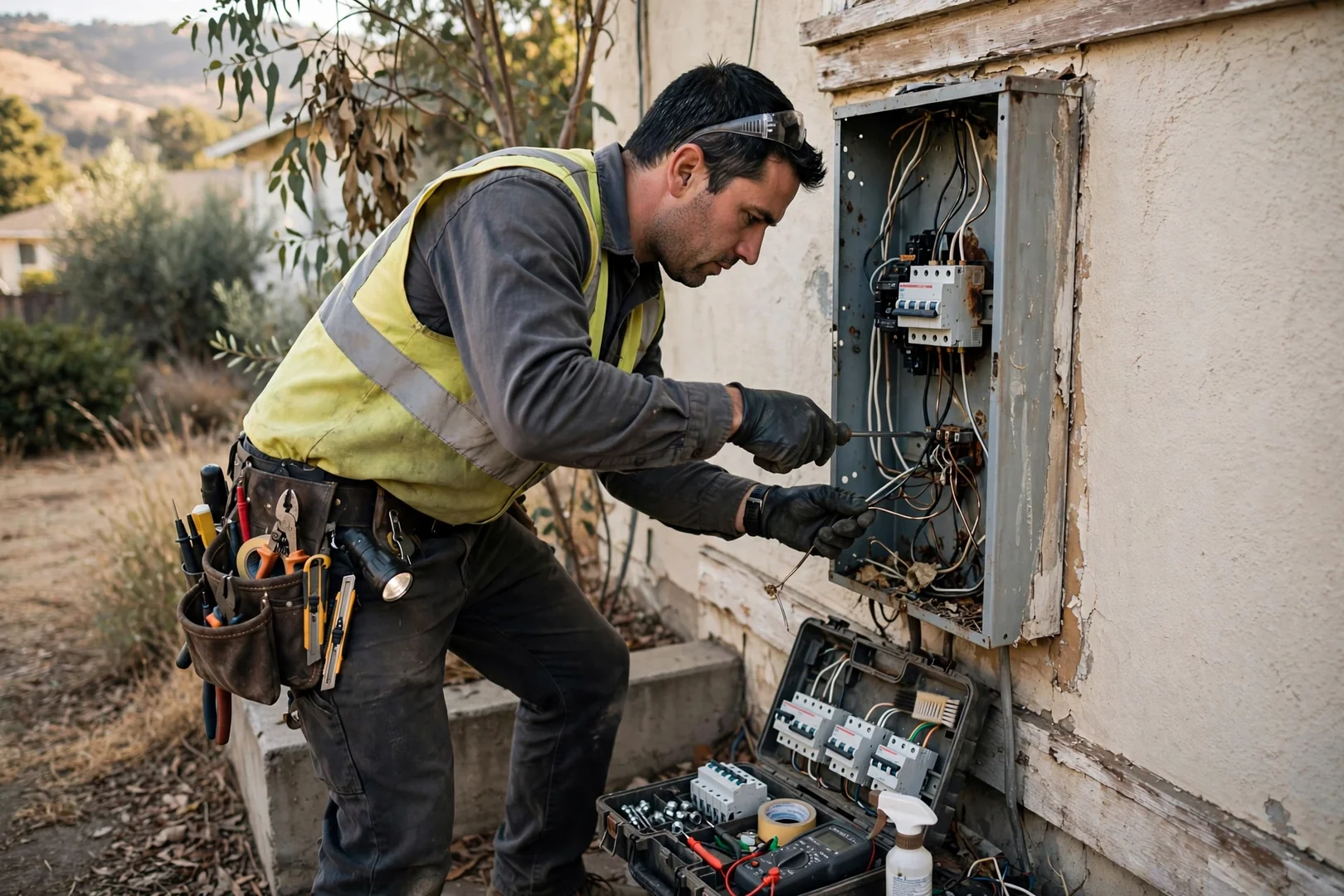 Technician testing automatic transfer switch wiring inside an upgraded electrical panel at a Dublin residence