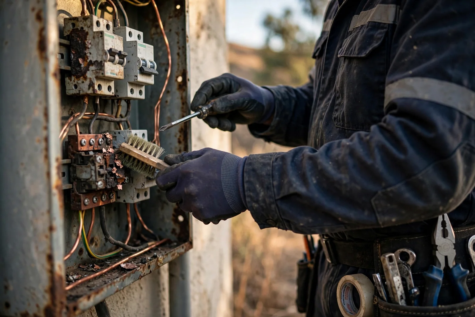 Technician testing a bathroom receptacle with a handheld GFCI tester