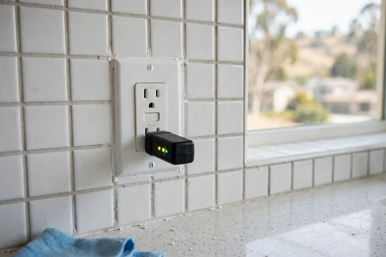Newly installed GFCI receptacle above a kitchen countertop with tester plugged in during verification
