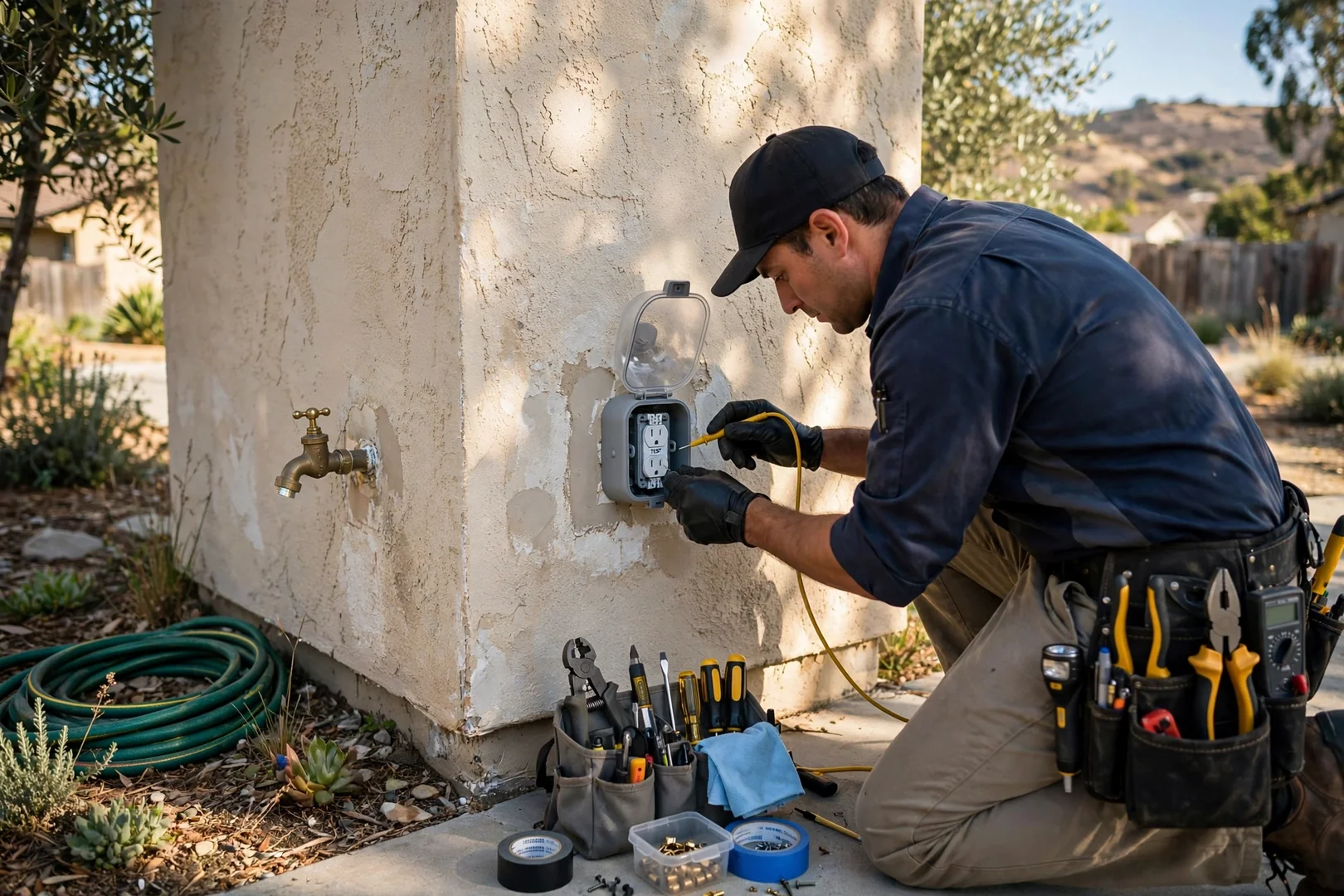 Weather resistant exterior GFCI outlet with bubble cover mounted on stucco siding near a patio