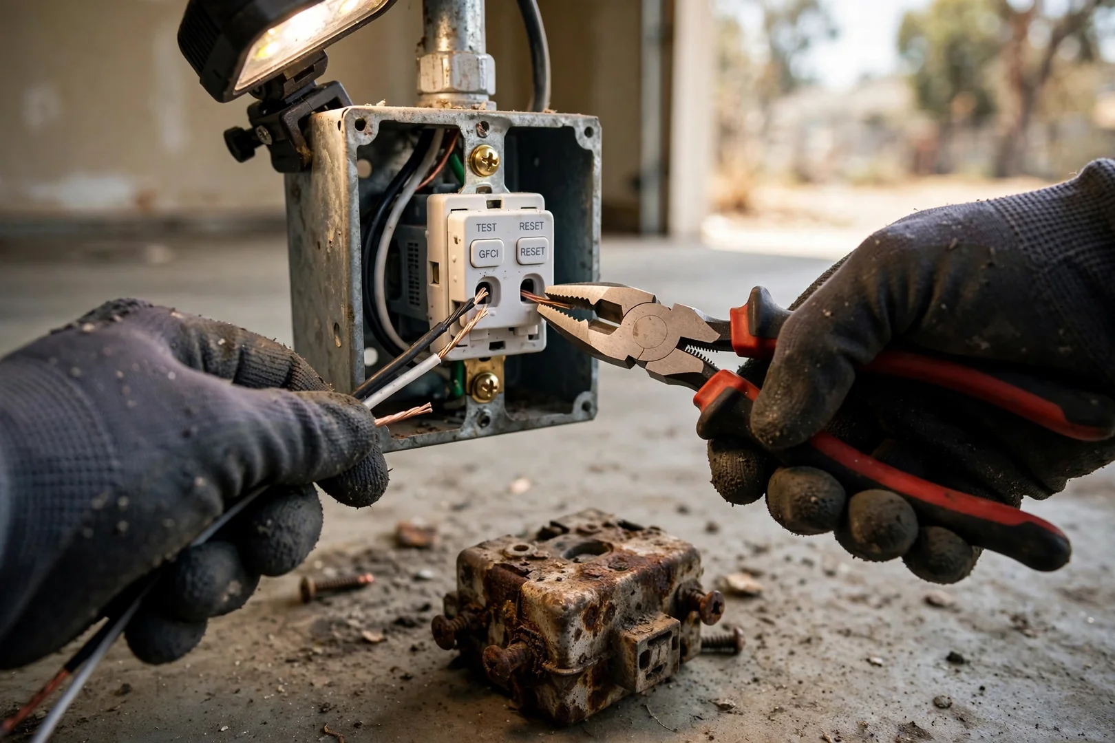 Technician gloved hands terminating conductors in a garage outlet box during moisture damage repair
