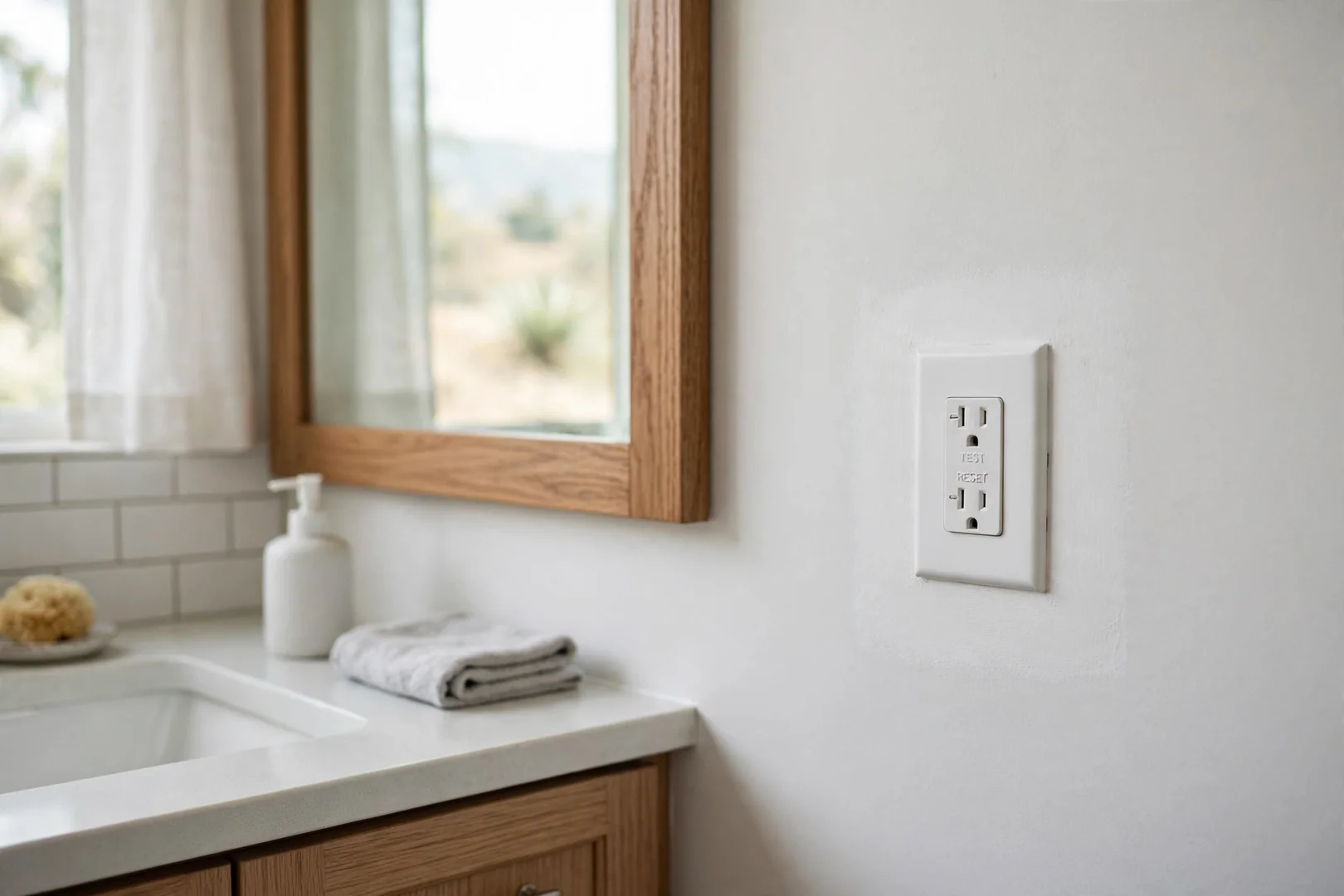 Finished bathroom GFCI outlet beside vanity with new cover plate and clean drywall patch