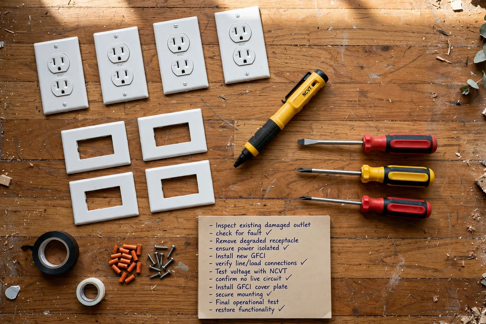 Multiple GFCI receptacles laid out with voltage tester and screwdrivers during a whole home audit