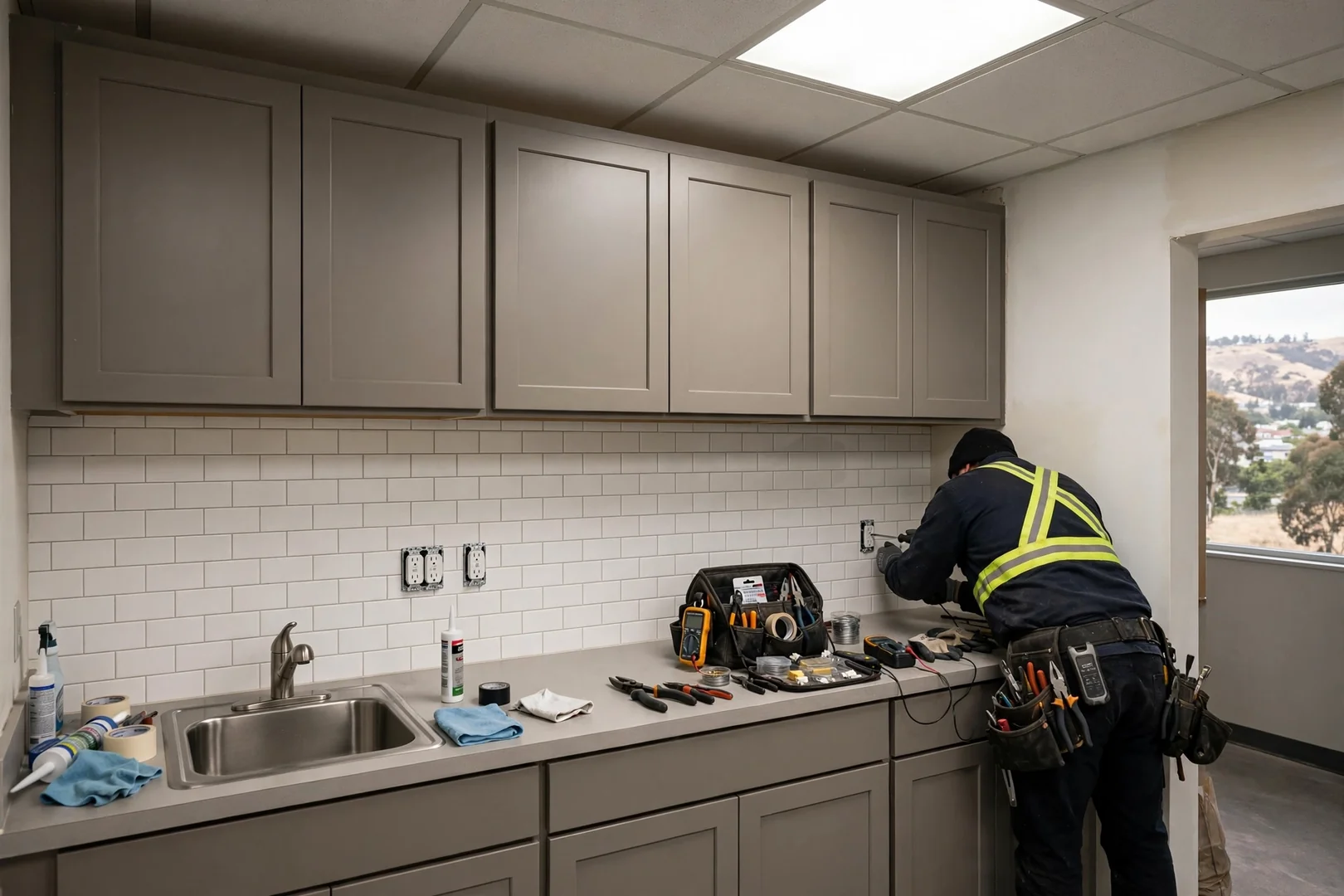 Break room counter with two new GFCI outlets installed above backsplash in commercial suite