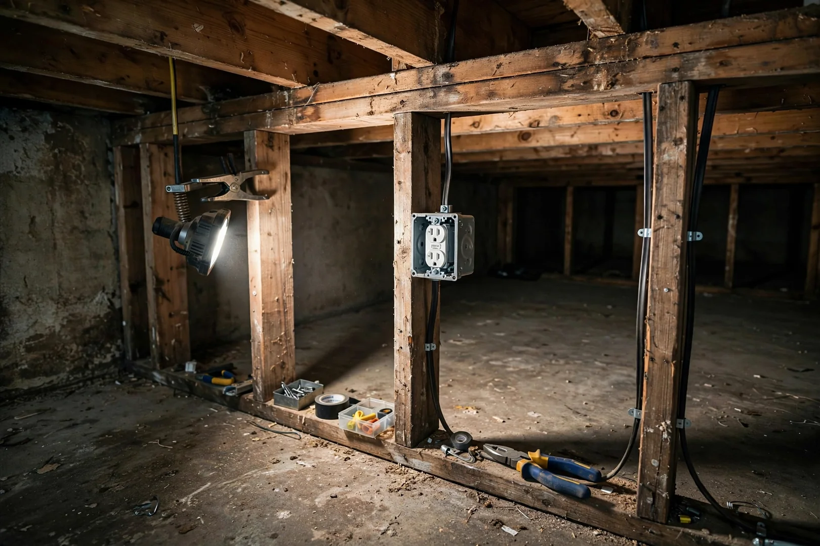 Surface mounted GFCI outlet on exposed joist wiring in an unfinished basement work area