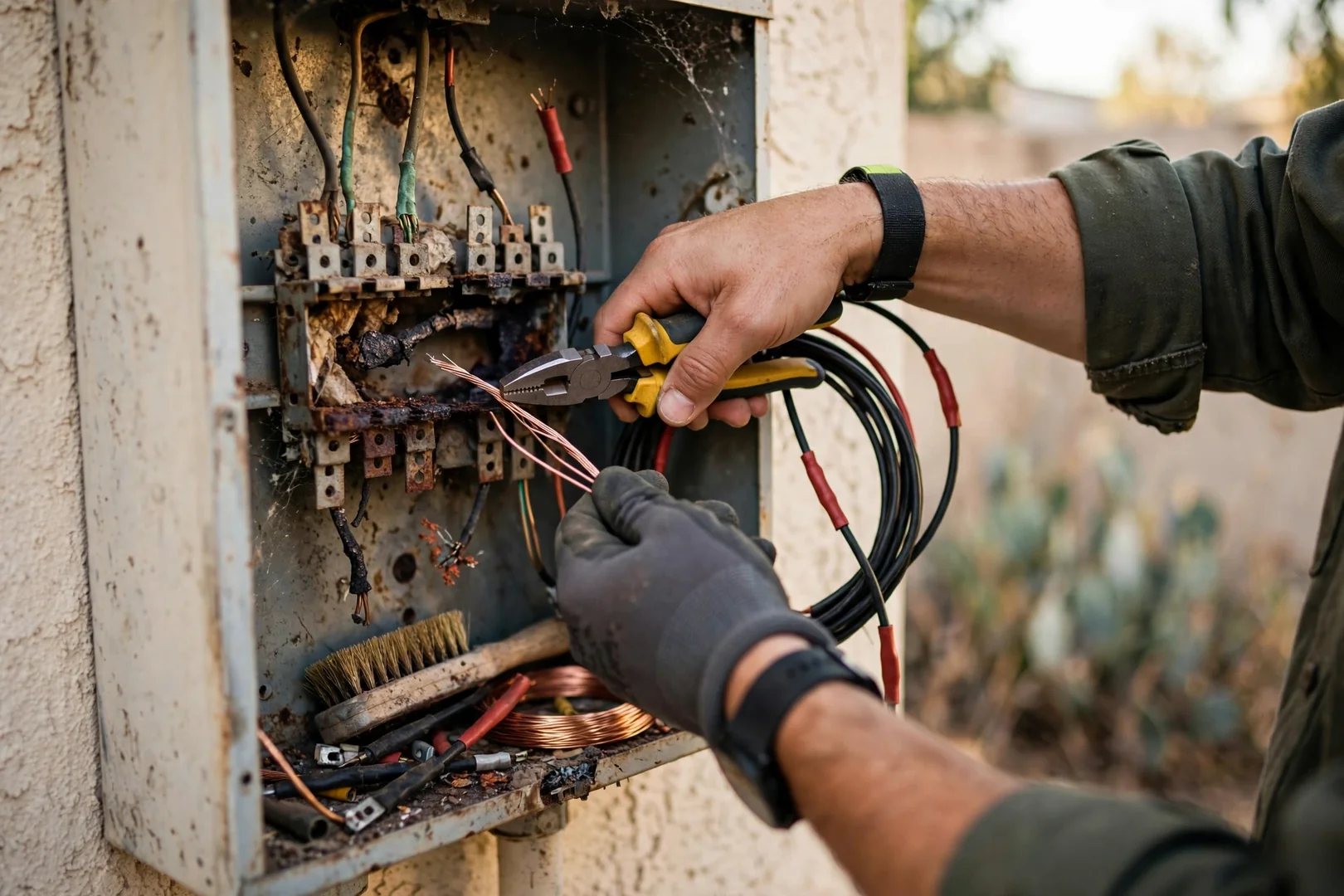 Technician testing aging branch circuit terminations inside an older Dublin panel