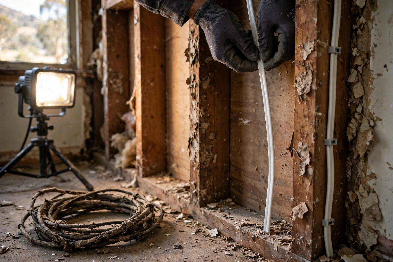 Electrician pulling new NM-B cable through open wall cavity in older Dublin ranch home