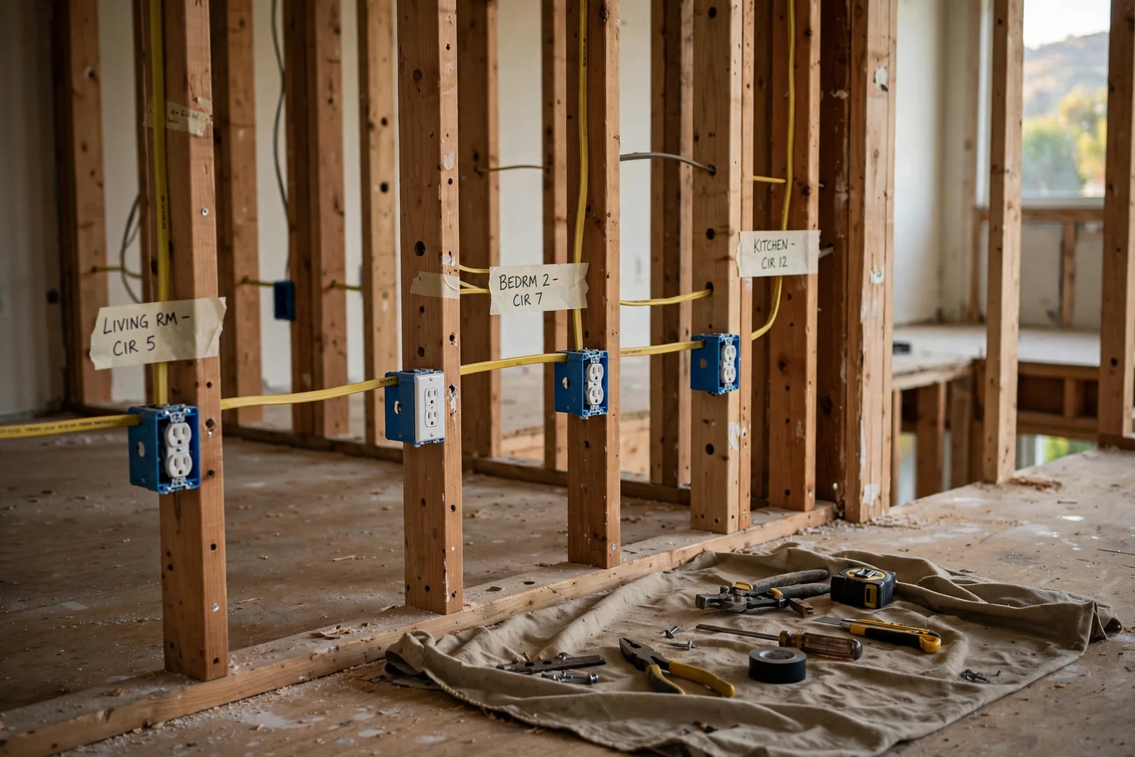 Newly installed grounded receptacles and labeled cable runs inside a split-level home under renovation
