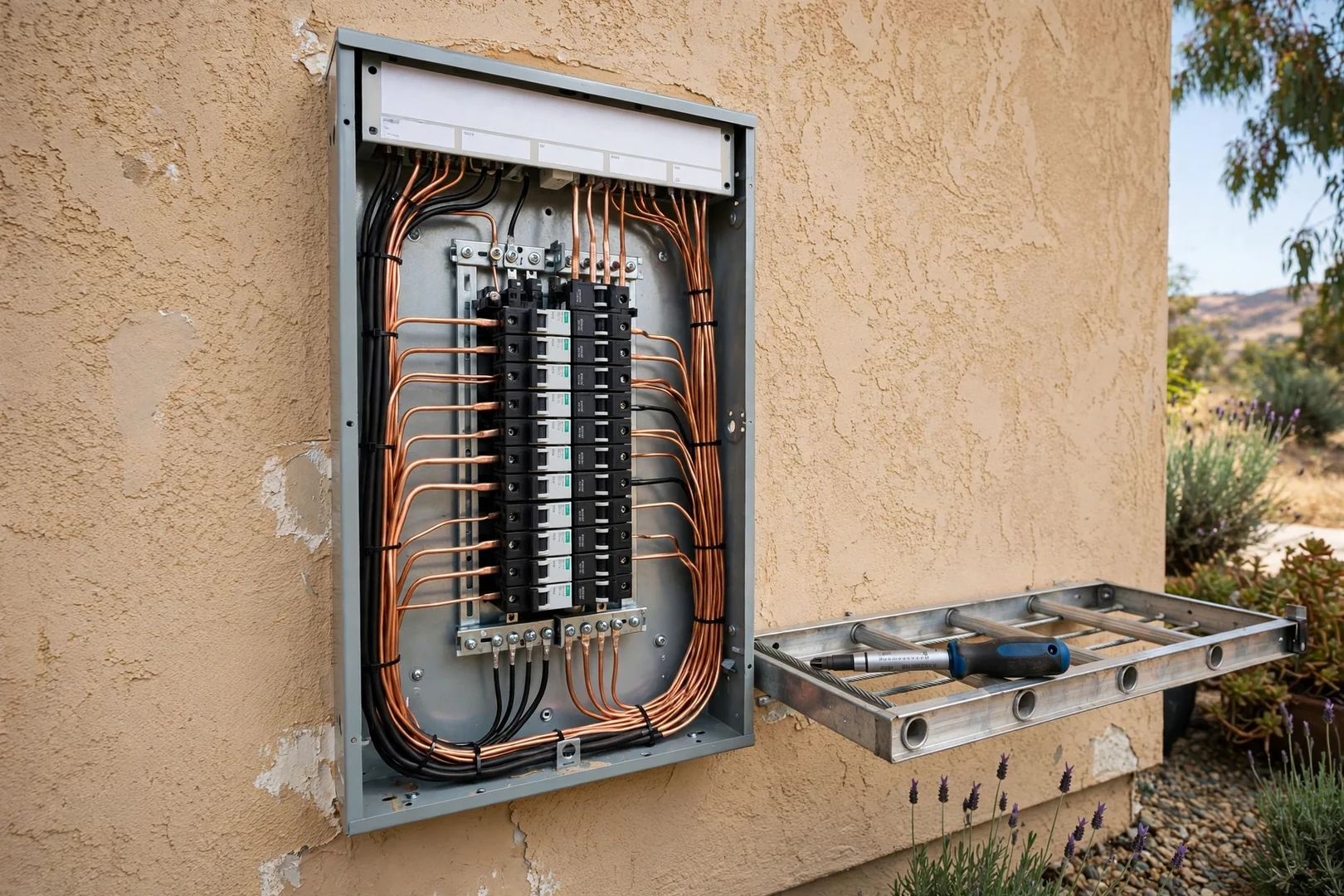 Open electrical service panel with organized new circuit conductors during a whole house rewire