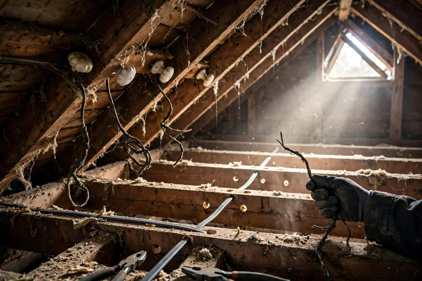 Abandoned knob and tube wiring being removed from an attic space during rewiring work