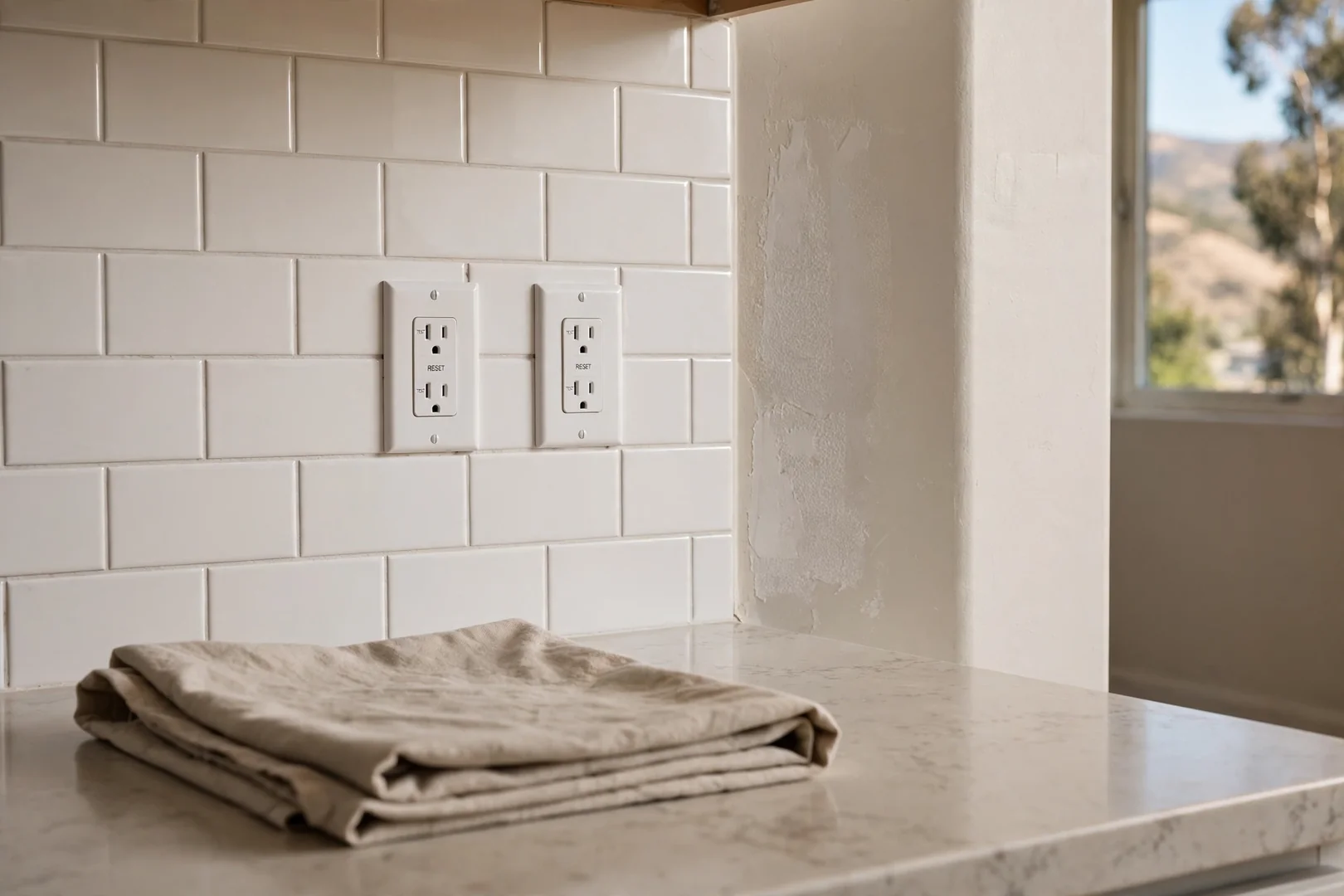 Newly wired kitchen circuits with GFCI protected receptacles installed above finished countertop