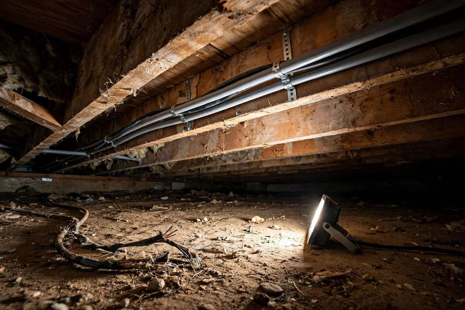Damaged cable sheathing in a crawlspace replaced with new conduit protected wiring runs