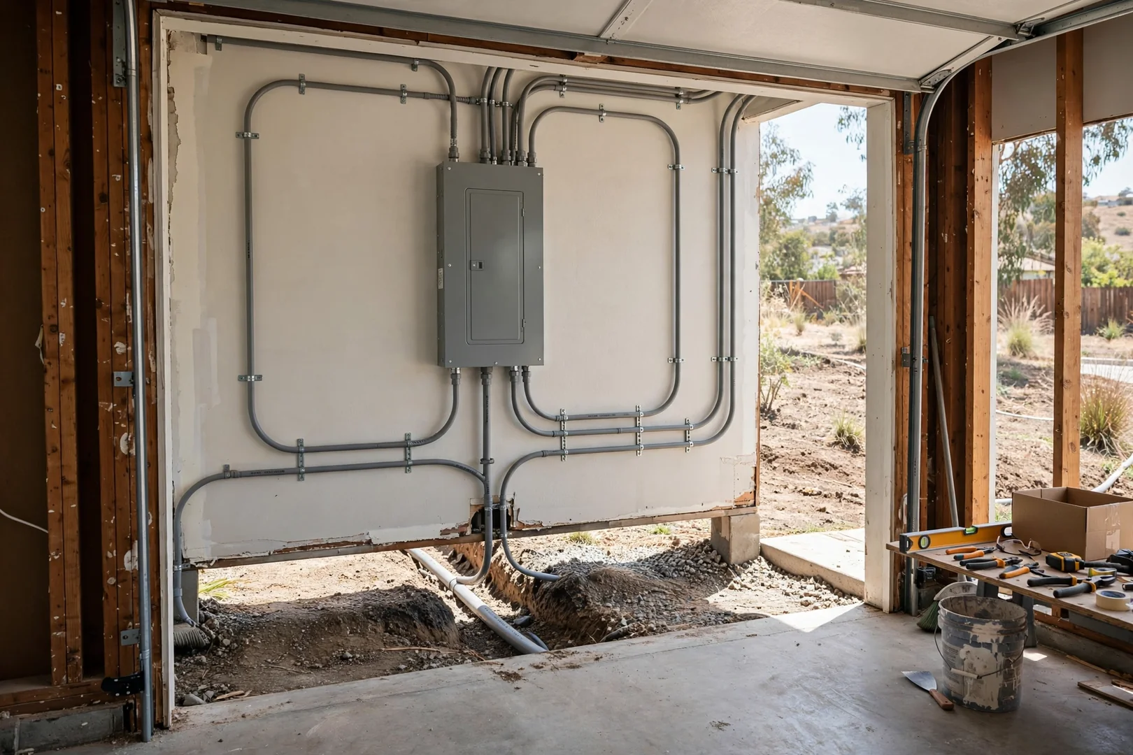 Detached garage interior with new subpanel and conduit runs completed after full rewiring