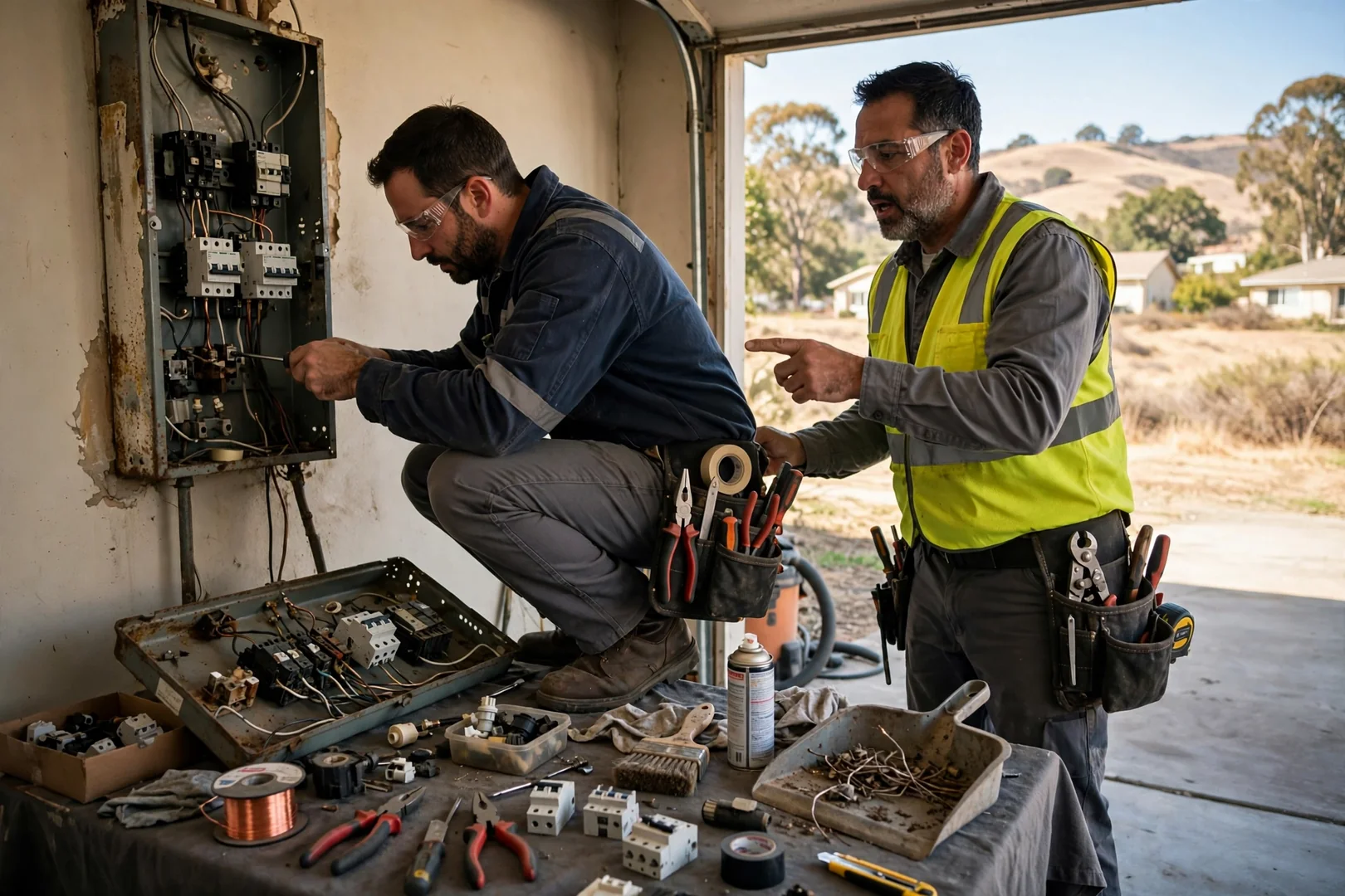 Technician labeling breakers in a newly rewired electrical panel inside a Dublin residence