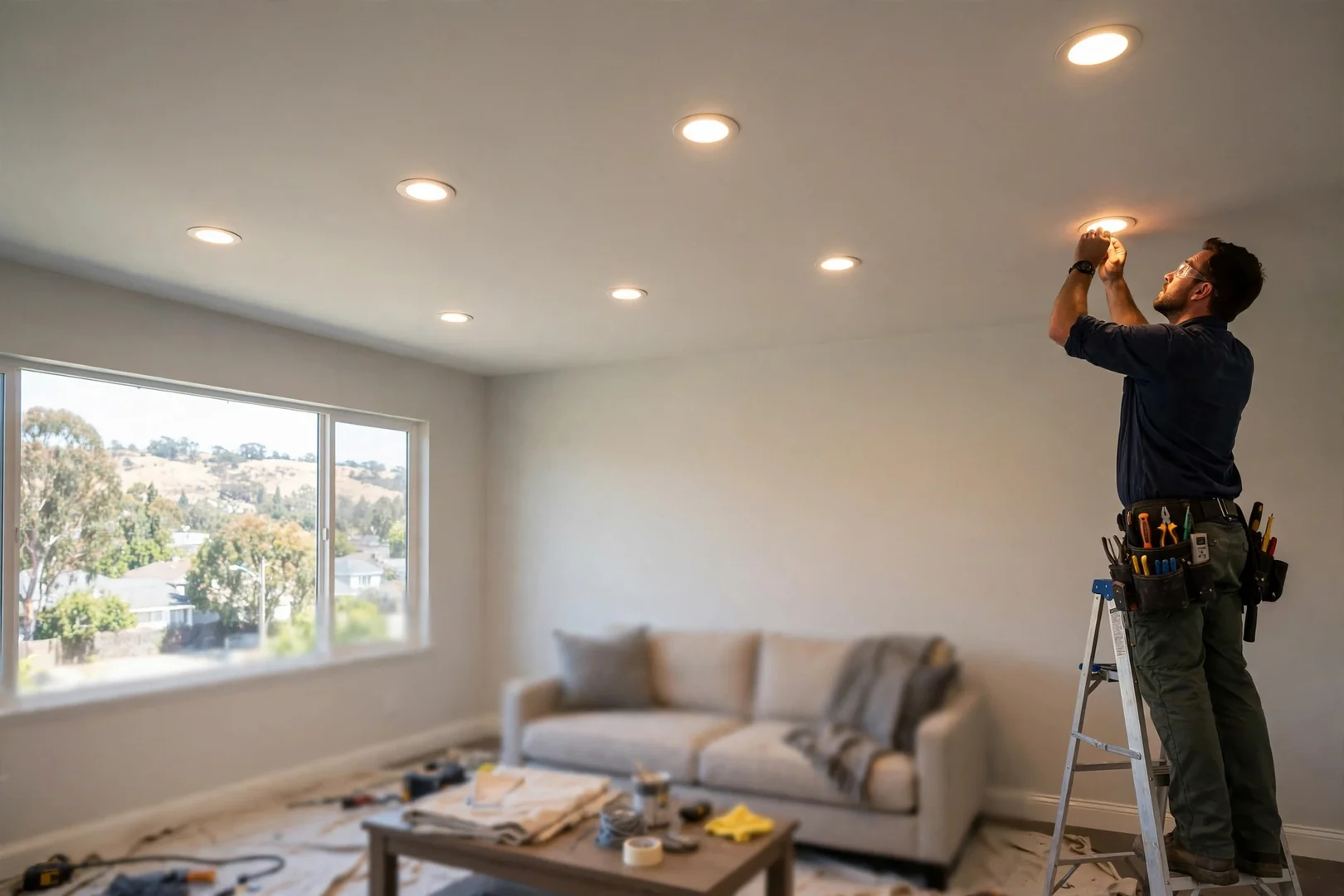 Evenly spaced recessed LED downlights finished across a residential living room ceiling