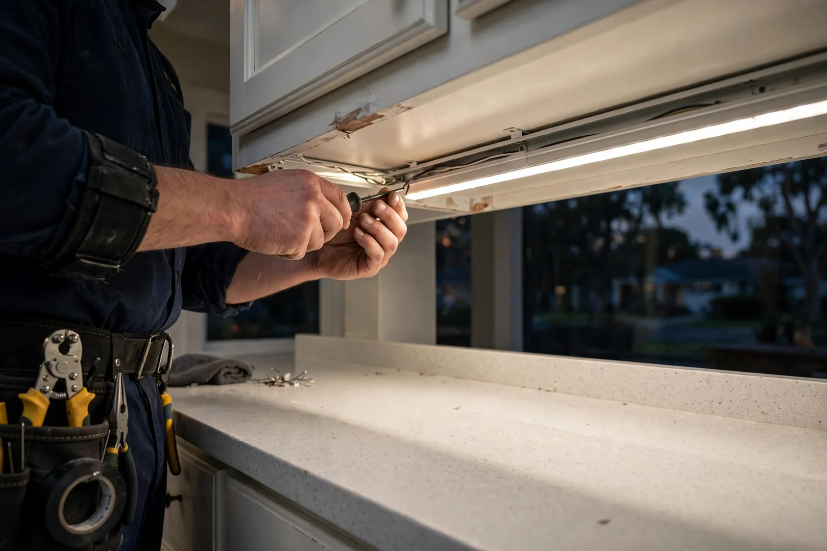 Under-cabinet LED strip lighting illuminating quartz counters in a renovated kitchen