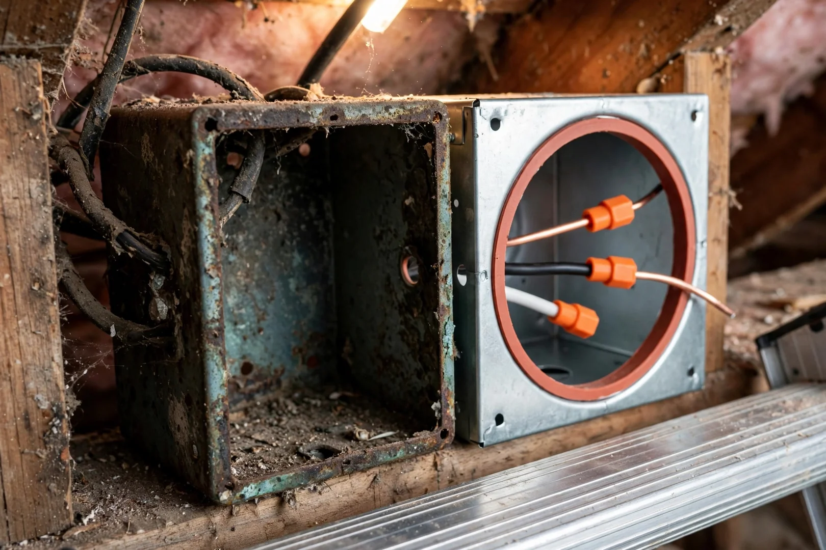 Aged corroded ceiling fixture box removed and replaced with new fire rated housing