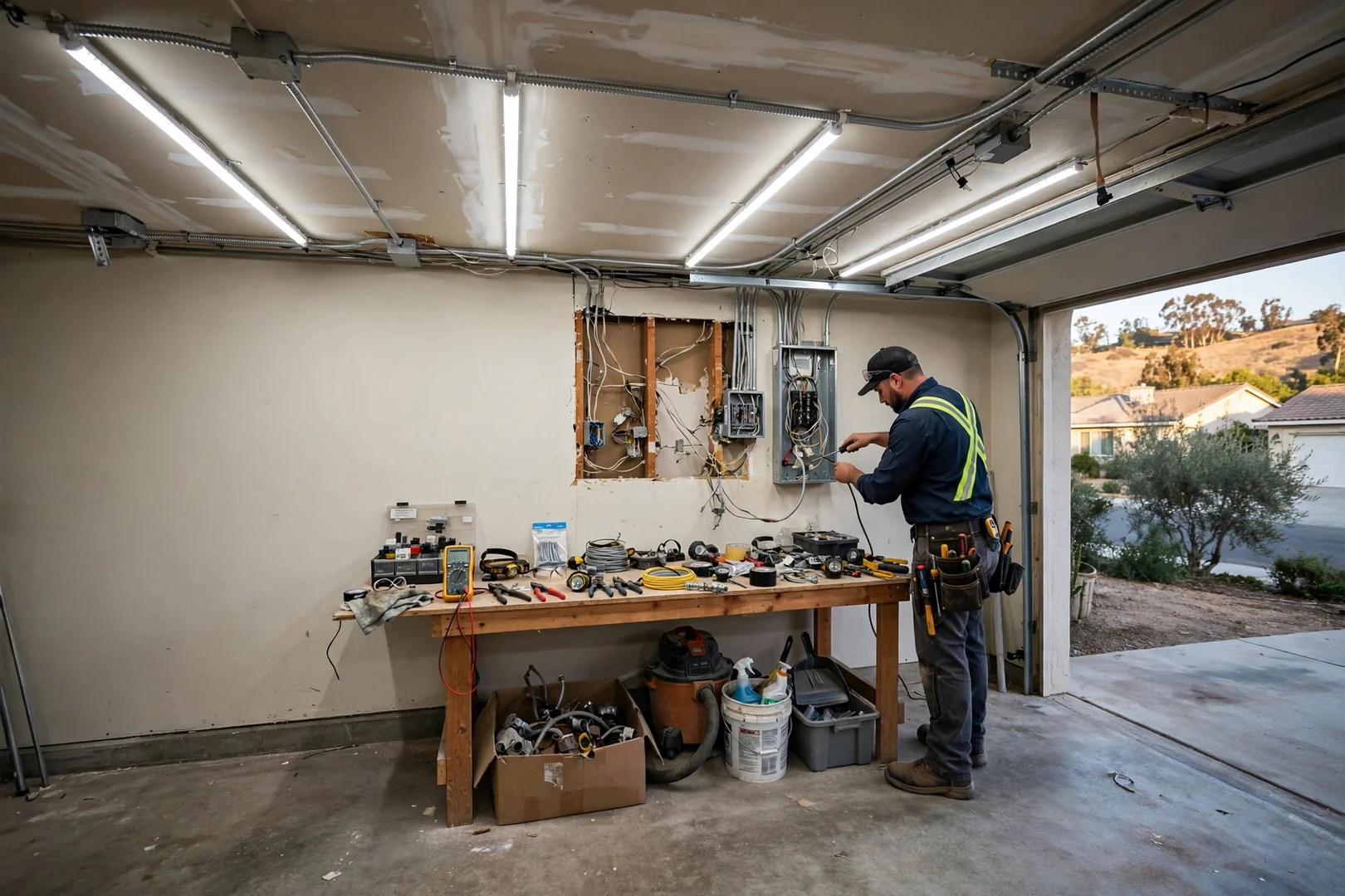 Linked LED strip fixtures mounted across a garage workshop ceiling providing even light