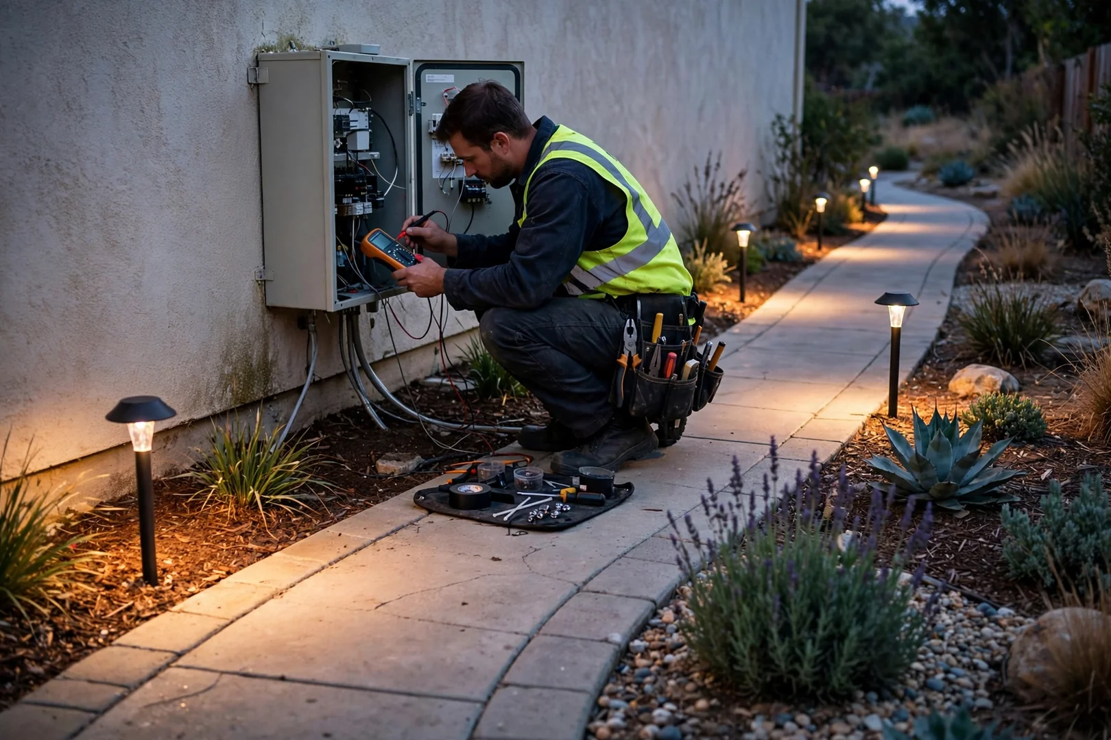 Low voltage path lights lining a landscaped walkway after evening system rebuild